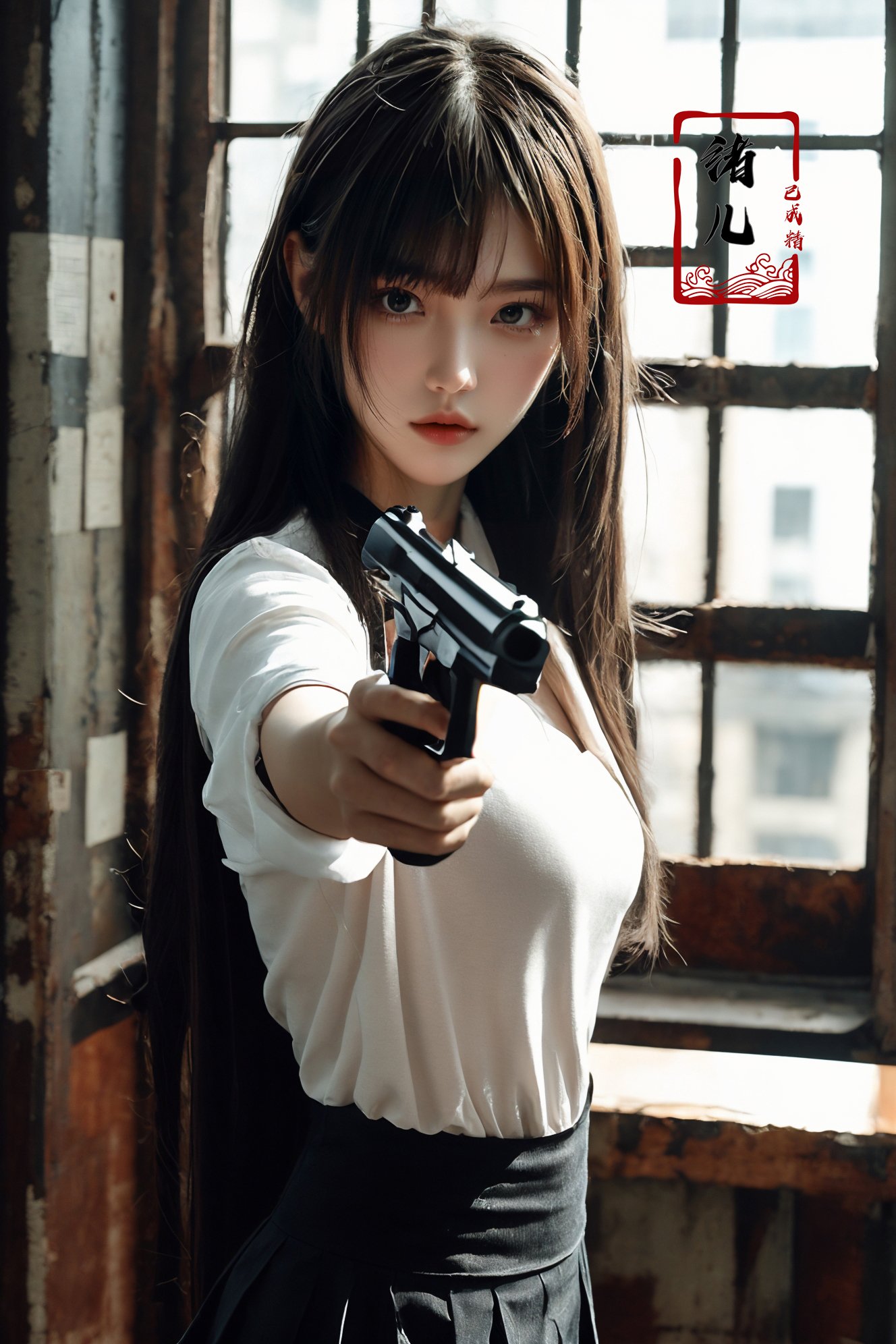 xuer pistol,<lora:绪儿-手枪 xuer pistol:0.8>absurdly long hair,blunt bangs,pencil_skirt,