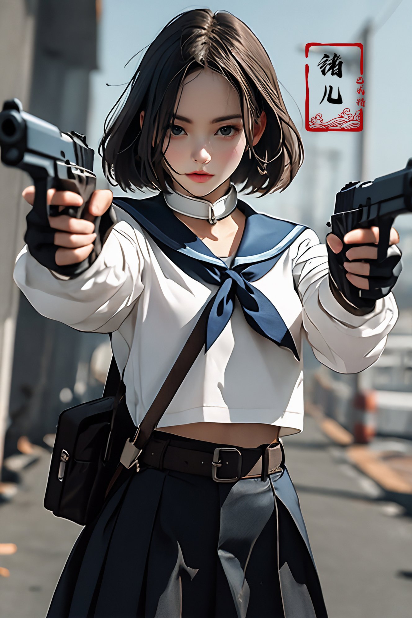 xuer pistol,blue sailor collar,<lora:绪儿-手枪 xuer pistol:0.8>