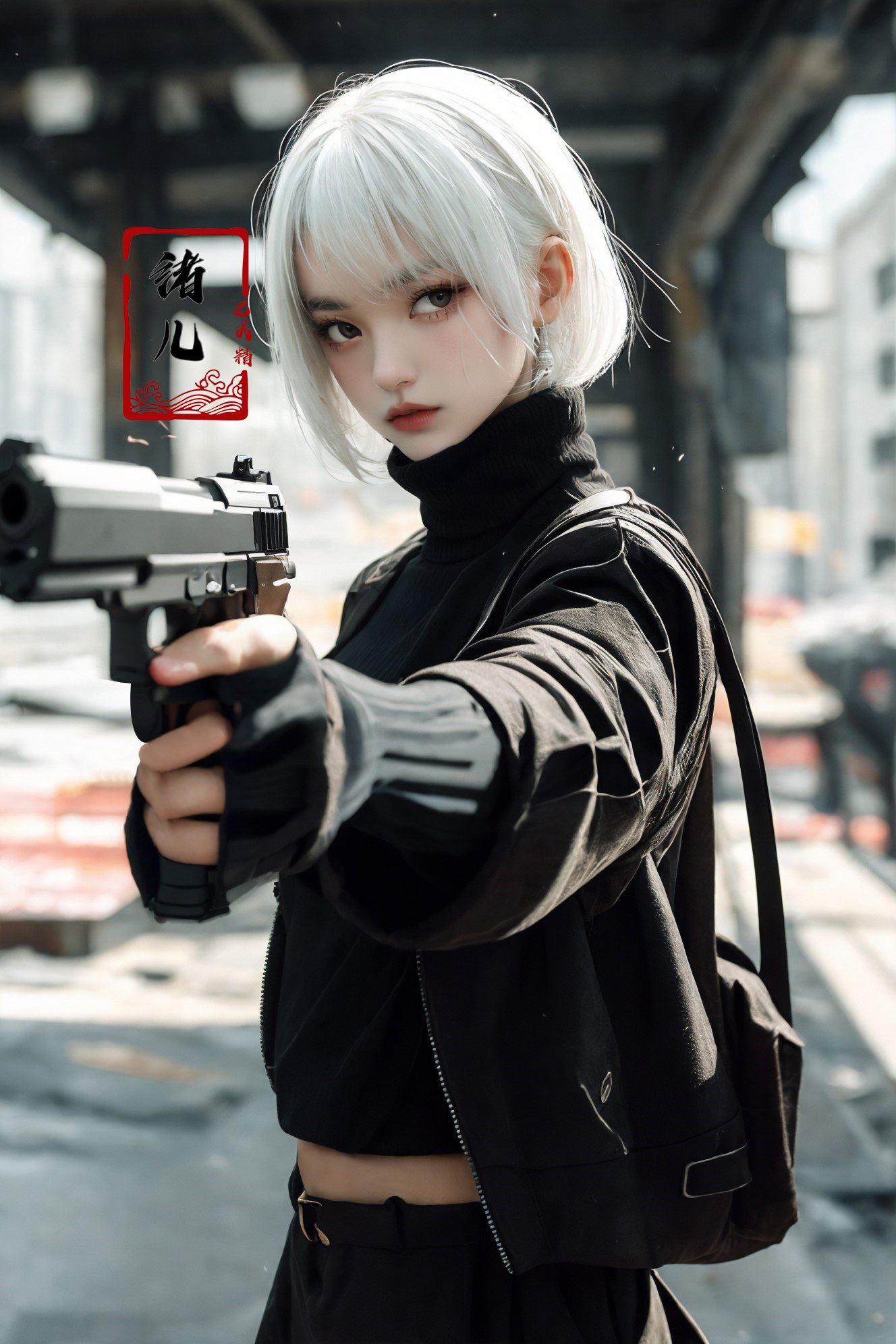 xuer pistol,white hair, turtleneck, <lora:绪儿-手枪 xuer pistol:0.8>