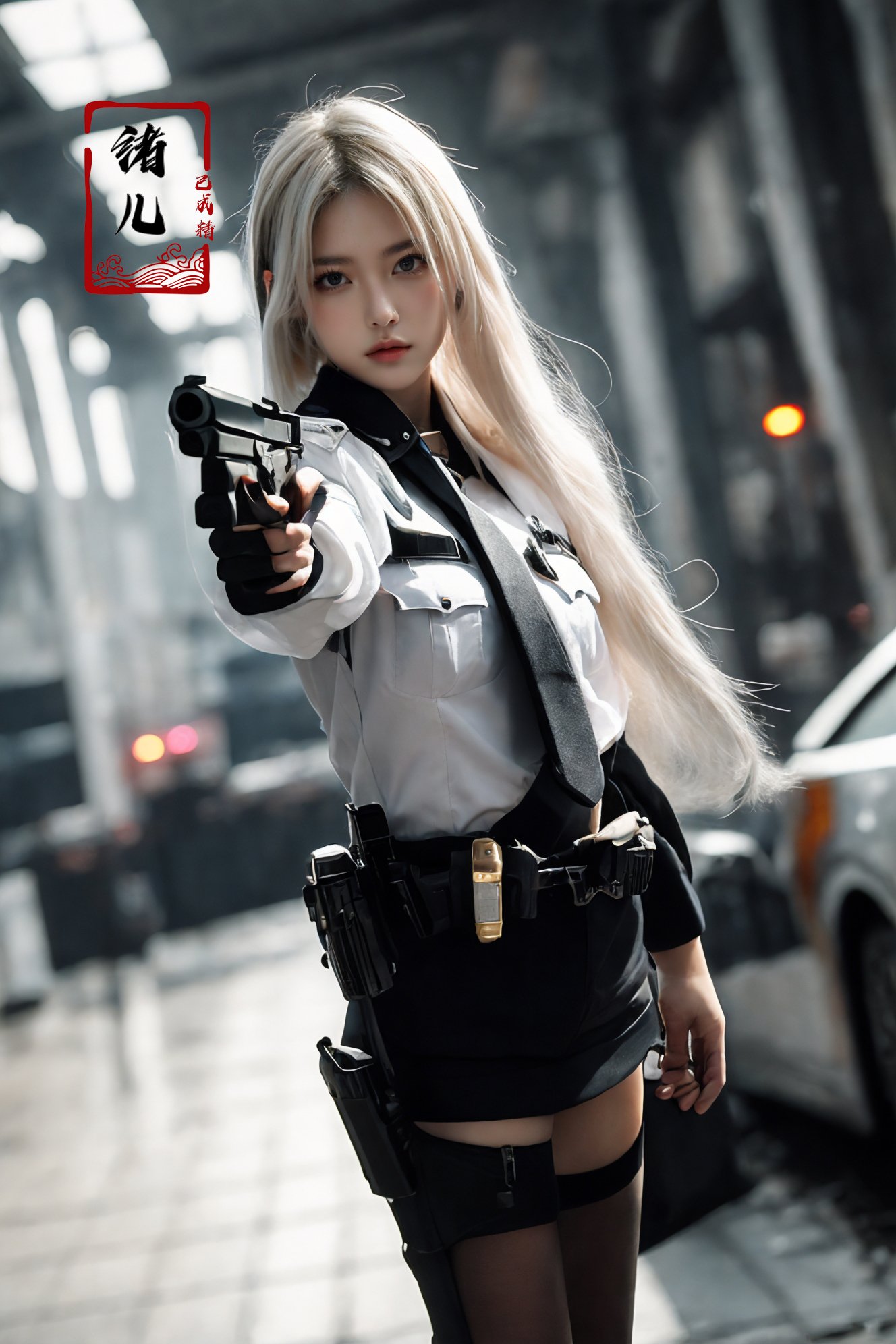 xuer pistol,<lora:绪儿-手枪 xuer pistol:0.8>absurdly long hair,platinum blonde hair,police_uniform,