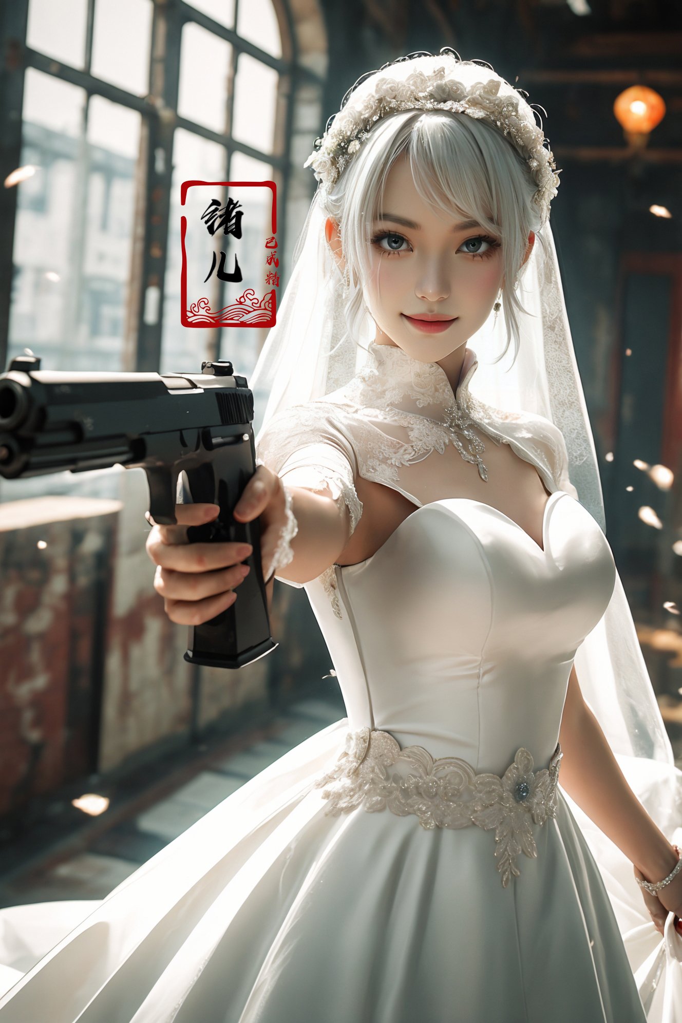 xuer pistol,  white hair,<lora:绪儿-手枪 xuer pistol:0.8>,evil smile,(wedding_dress:1.2),