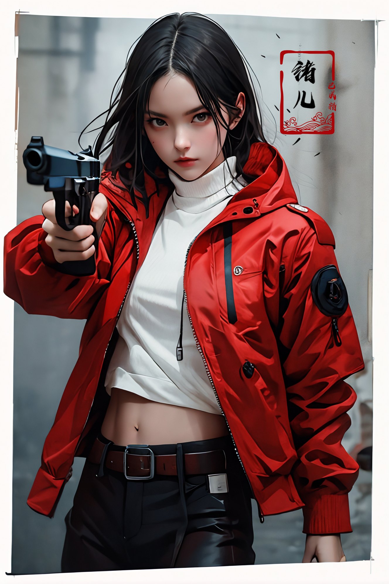 xuer pistol,red jacket,<lora:绪儿-手枪 xuer pistol:0.8>