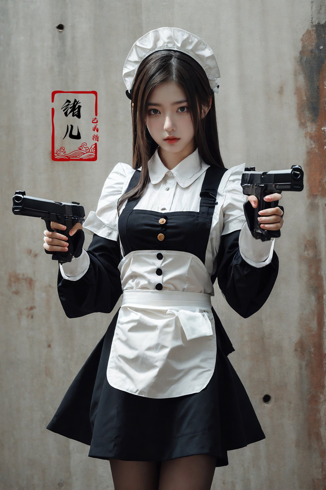 xuer pistol,maid apron, maid headdress,<lora:绪儿-手枪 xuer pistol:0.8>