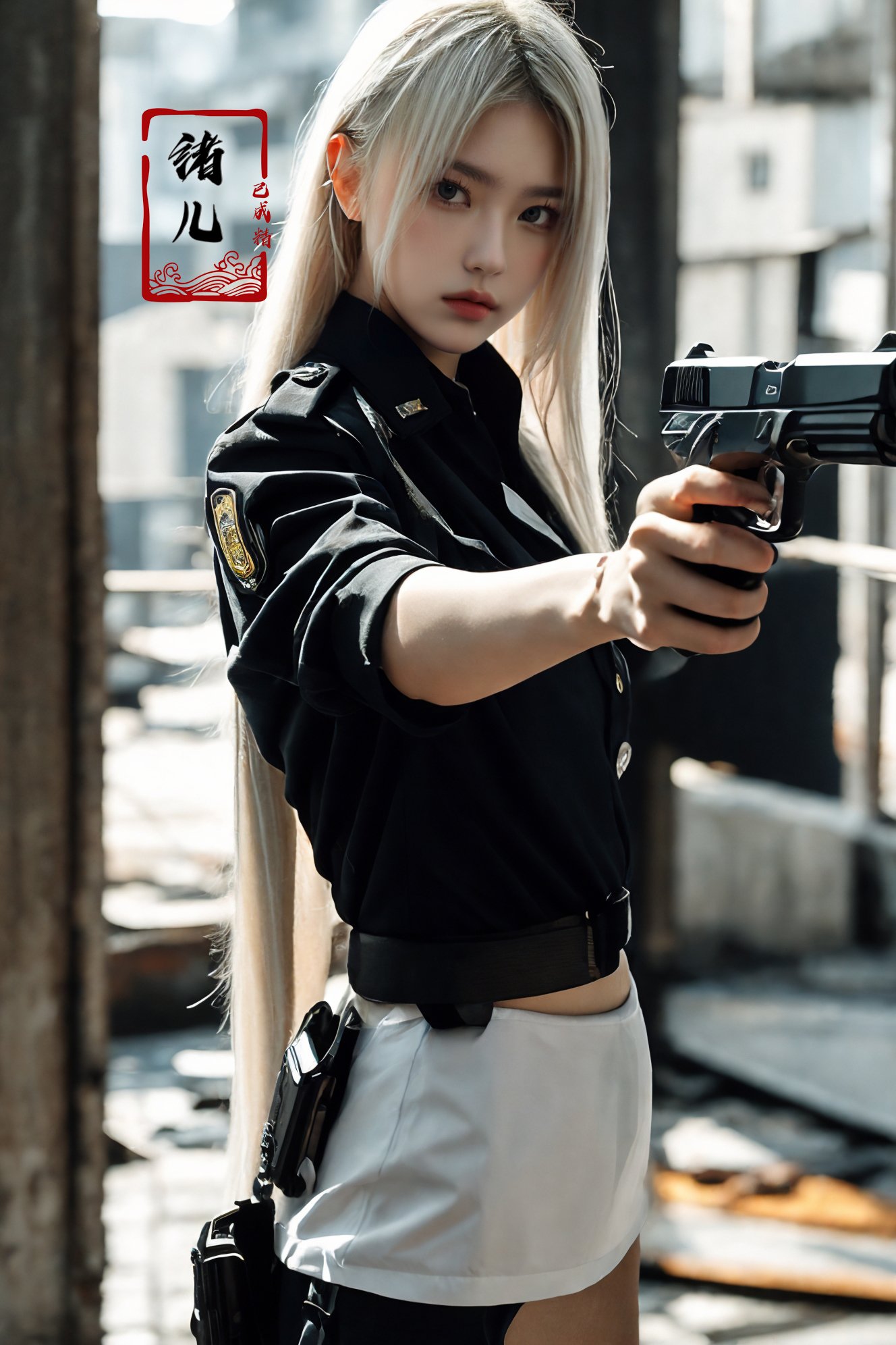 xuer pistol,<lora:绪儿-手枪 xuer pistol:0.8>absurdly long hair,platinum blonde hair,police_uniform,