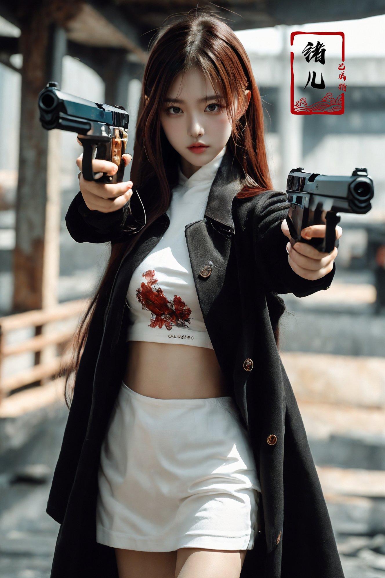 xuer pistol,<lora:绪儿-手枪 xuer pistol:0.8>songmo,absurdly long hair,red hair,