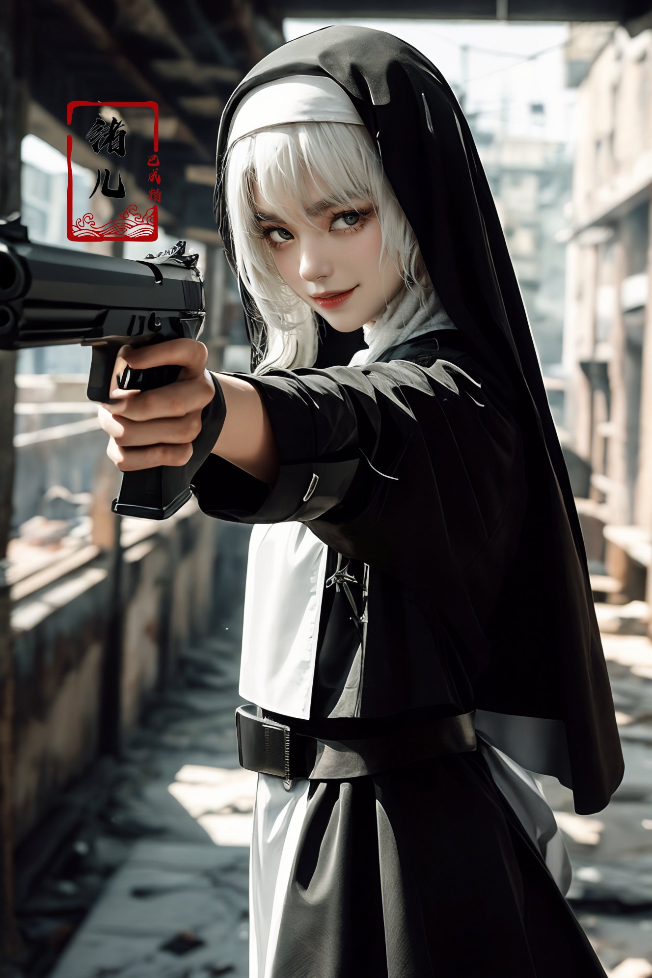 xuer pistol,  white hair,<lora:绪儿-手枪 xuer pistol:0.8>,evil smile,nun_cloth,