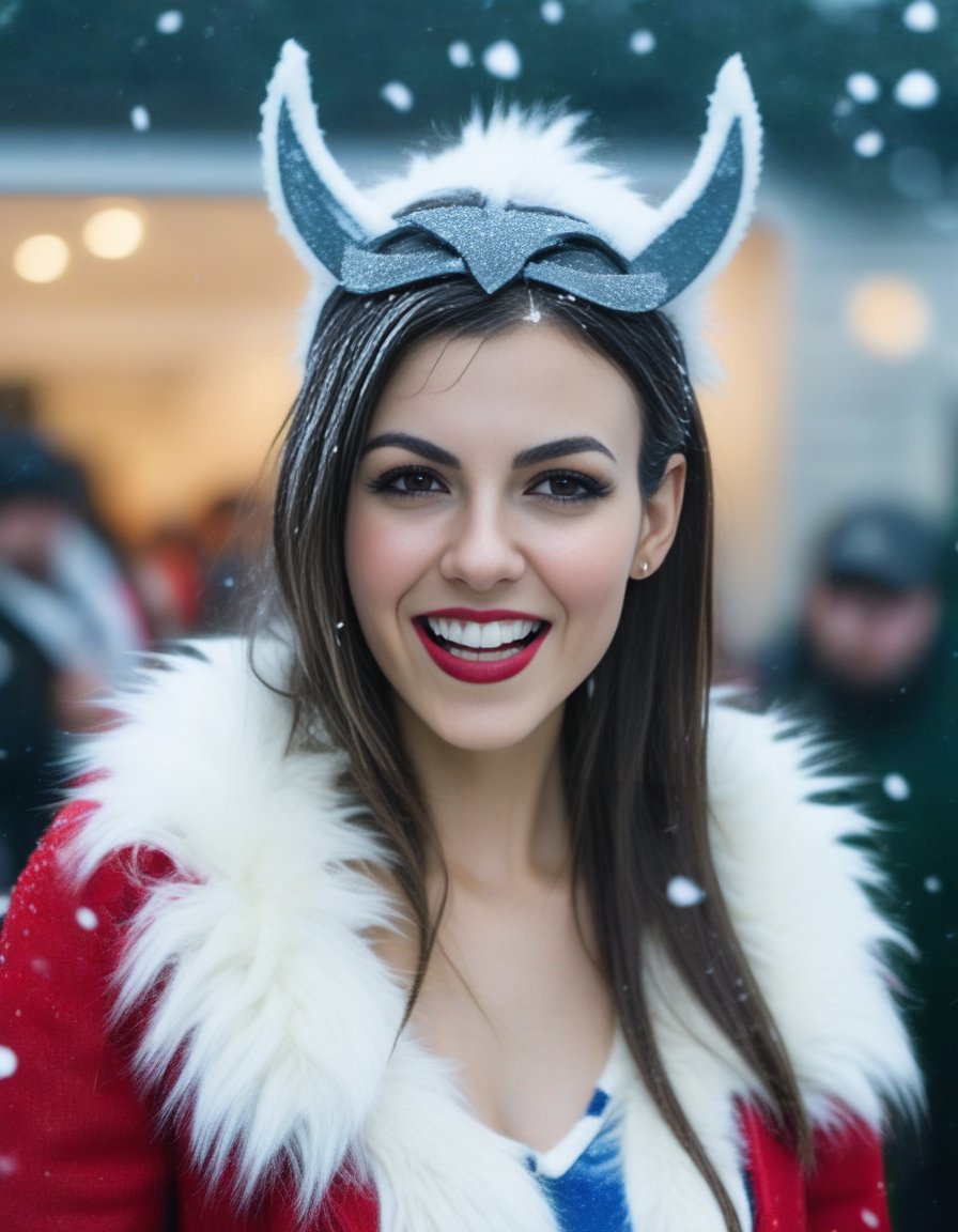VictoriaJustice,<lora:VictoriaJusticeSDXL:1> photograph, Compelling athletic Female cosplaying as Freyja, Snowing, Iphone X, Low shutter