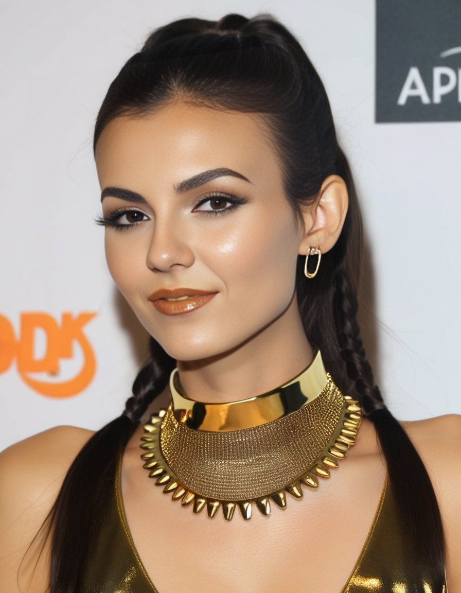 VictoriaJustice,<lora:VictoriaJusticeSDXL:1>,  a woman wearing a gold choker, gold collar, wearing gold detailed choker, gold choker, gold detailed collar, golden collar, choker on neck, gold glow, wearing steel collar, wearing choker, wearing collar on neck, collar on neck, attractive neck, choker, smooth gold skin, draped in shiny golden oil, choker around neck, smooth golden skin