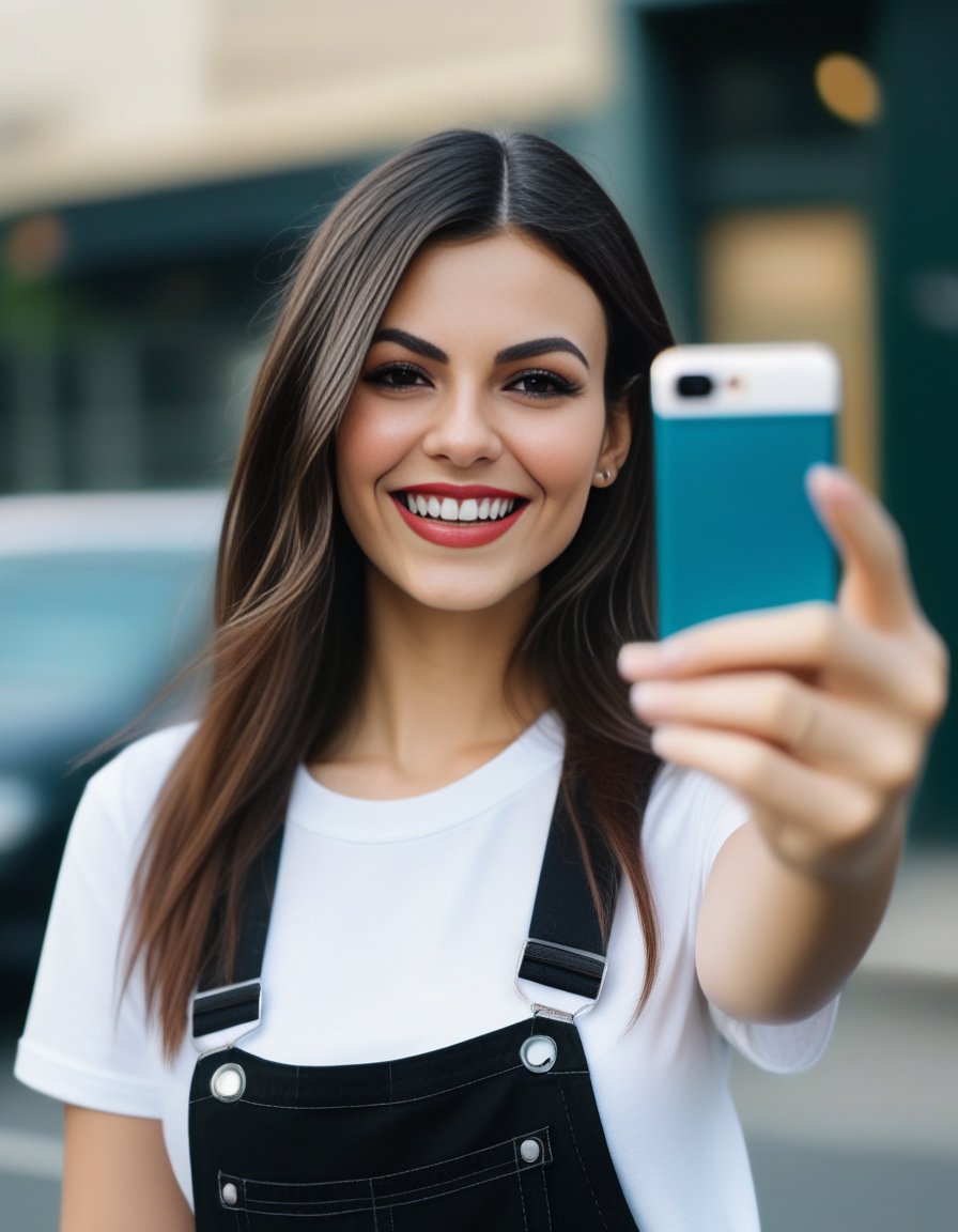VictoriaJustice,<lora:VictoriaJusticeSDXL:1>, a curvy athletic woman in black overalls is smiling and taking a selfie, white t-shirt, streak in hair, 8k uhd, dslr, soft lighting, high quality, film grain, Fujifilm XT3