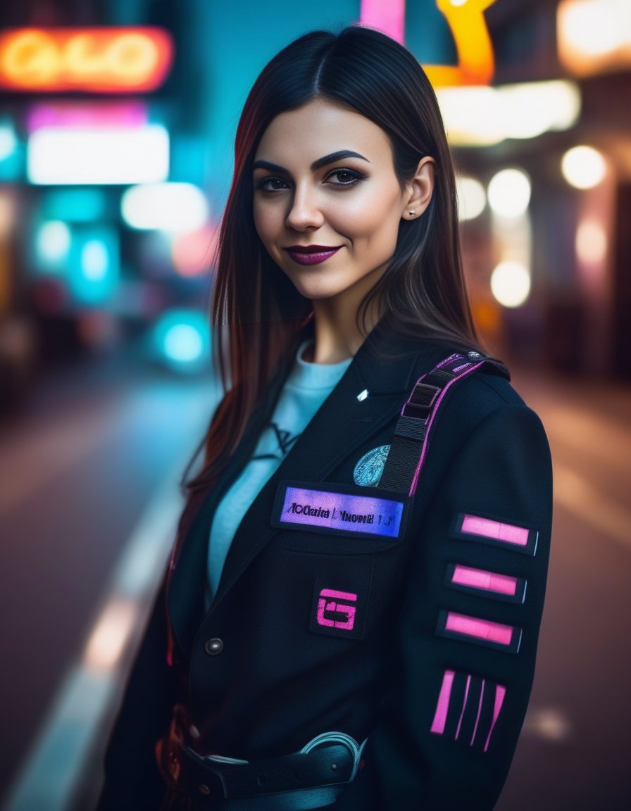 VictoriaJustice,<lora:VictoriaJusticeSDXL:1> (8k, RAW photo, best quality, masterpiece:1.2), (realistic, photo-realistic:1.37), ultra highres, depth of field, chromatic aberration, caustics, Broad lighting, natural shading,Fujifilm XT3,ultra detailed,cyberpunk uniform,1girl, solo,standing, looking at viewer, outdoors,street