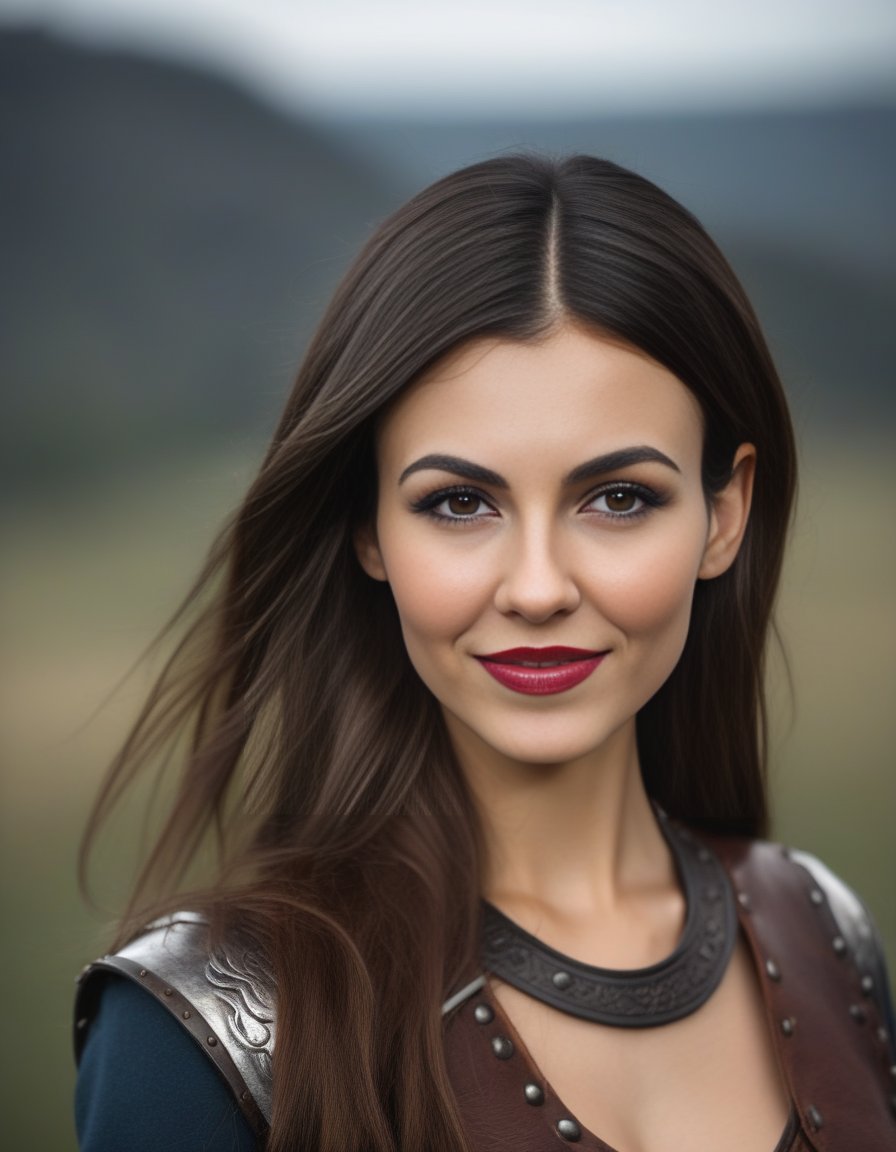 VictoriaJustice,<lora:VictoriaJusticeSDXL:1>,photo of a gorgeous woman), (professional photography), (scenic background), ((as a viking warrior woman)), ((close-up)), masterpiece, best quality, (eye contact), (looking at the viewer), centred, (shot from front), blurred_background, proportional