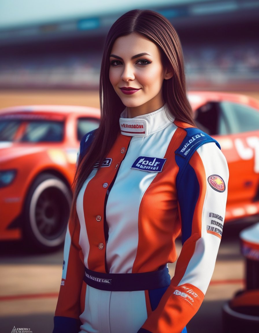 VictoriaJustice,<lora:VictoriaJusticeSDXL:1> perfect anime illustration, 1girl, braided hair, medium hair, medium breasts, sidehair, racecar driver, ((firesuit, race track, car)), nascar, f1, indycar, (outdoors, speedway, track), standing next to a racing vehicle, hand on hip, good posture, looking at viewer. created by Artgerm, volumetric lighting, 8k, hdr, holga, 300mm lens f3. 5, aesthetic, unsharpened