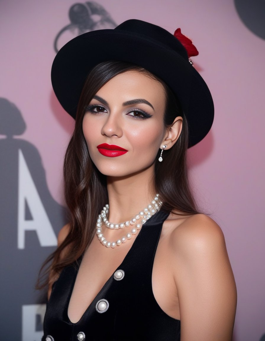 VictoriaJustice,<lora:VictoriaJusticeSDXL:1>The image features a woman wearing a black hat, a black dress, and a pearl necklace. She is posing for a picture, and her lips are painted red. The woman is also wearing a black glove, which adds to her elegant and stylish appearance. The combination of her outfit, makeup, and accessories creates a sophisticated and timeless look. (controlnet_mode:canny sdxlYamersRealism2, sdxl-1. 0. 0. 9. safetensors, SeargeSDXL4. 2-Llama2 prompt)