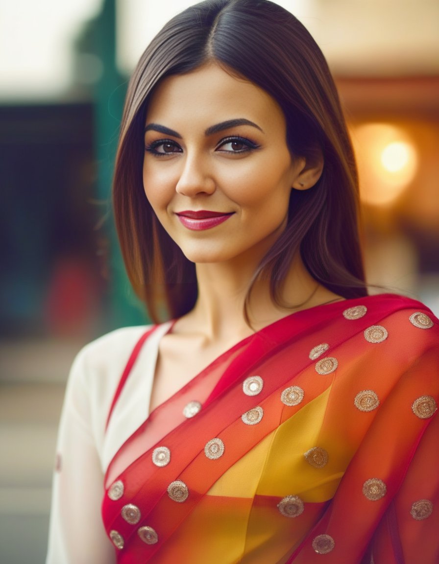 VictoriaJustice,<lora:VictoriaJusticeSDXL:1>,woman wearing saree, background blur, portrait, sharp, detailed, uhd, realistic, masterpiece