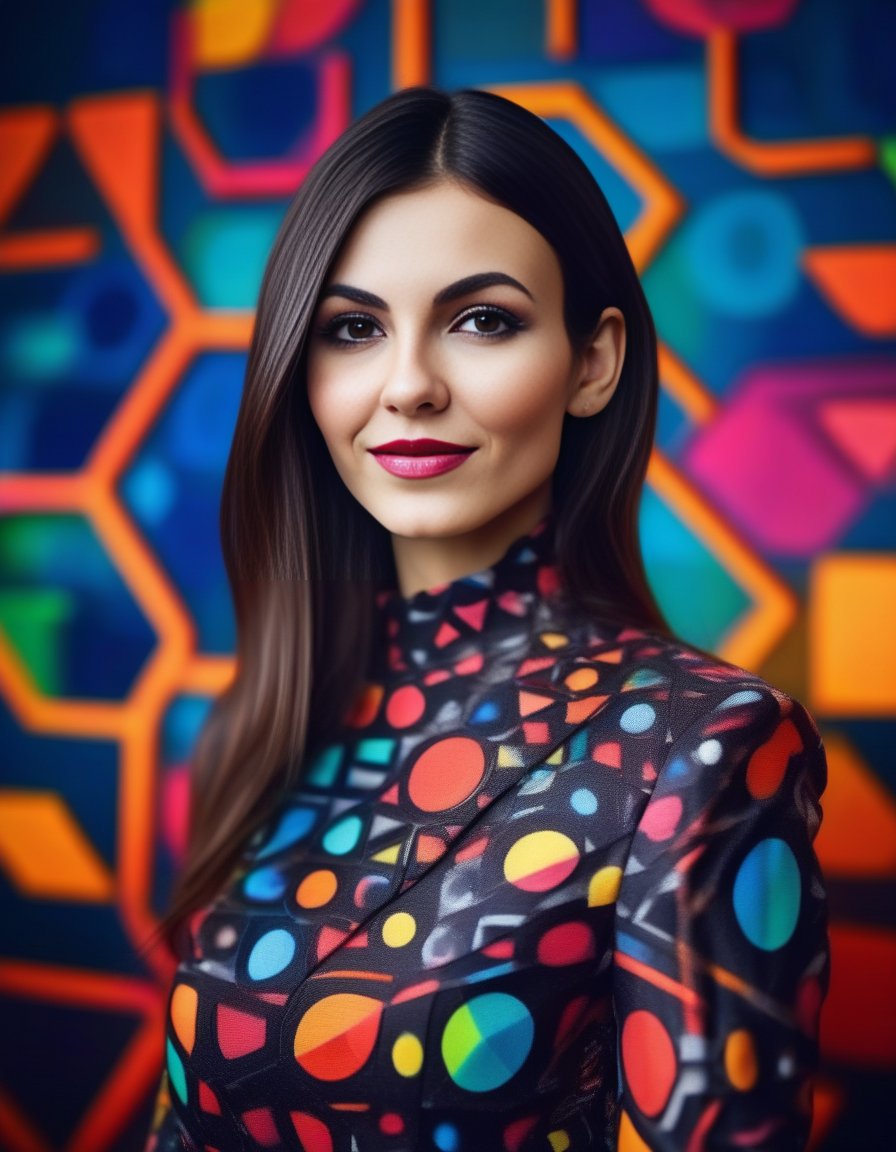 VictoriaJustice,<lora:VictoriaJusticeSDXL:1>, cinematic photo (full-body:1.85) A futuristic portrait of a beautiful young woman on a simple paper studio background with a strong colourful intricate circular geometrical pattern, geometrical makeup, (highly detailed skin texture:1.6), pores, high contrast . 35mm photograph, film, bokeh, professional, 4k, highly detailed