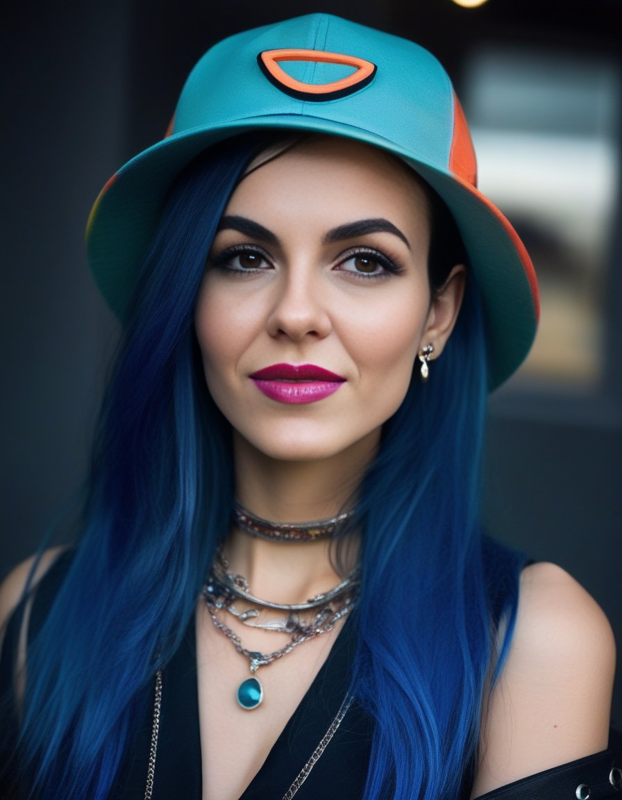 VictoriaJustice,<lora:VictoriaJusticeSDXL:1>,Realistic photo of a beautiful woman, 1girl, solo, long hair, hat, jewelry, blue hair, jacket, multicolored hair, necklace, bracelet, lips, realistic, fashion, soft lighting, professional Photography, Photorealistic, detailed, RAW, analog, sharp focus, 8k, HD, DSLR, high quality, Fujifilm XT3, film grain, award winning, masterpiece