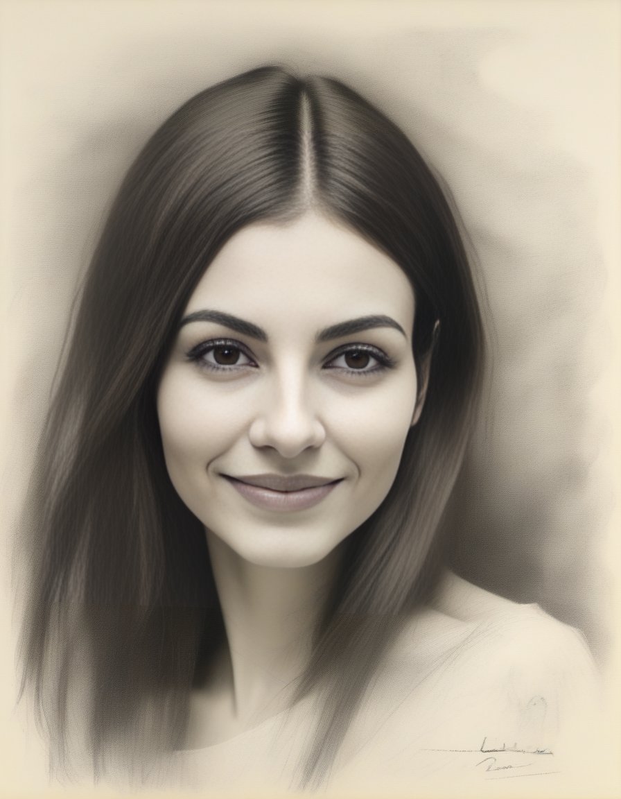 VictoriaJustice,<lora:VictoriaJusticeSDXL:1>an expressionist charcoal sketch by Odilon Redon, drawing, face only, a gorgeous woman, hint of a smile, noticeable charcoal marks, white background, no coloring, no color