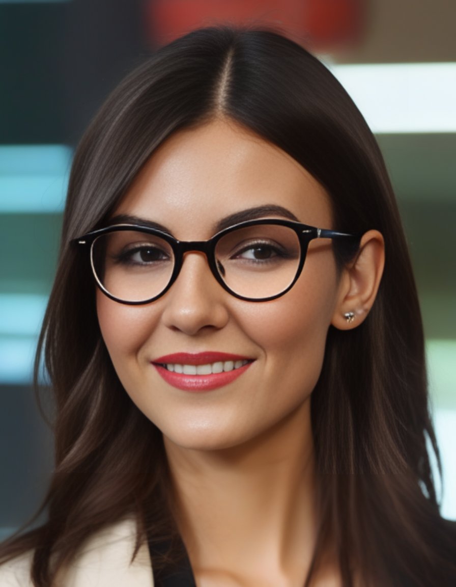 <lora:VictoriaJusticeSDXL:1>,RAW photo, as VictoriaJustice wearing glasses, 8k uhd, dslr, soft lighting, high quality, film grain, Fujifilm XT3