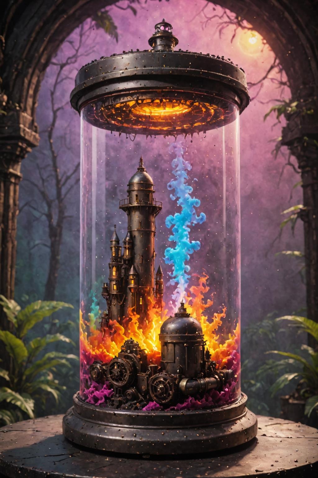 contained color,jungle background, castle in a retrowave glass steampunk container, colorful smoke,  colorful fire <lora:Contained_Color_SDXL:1>