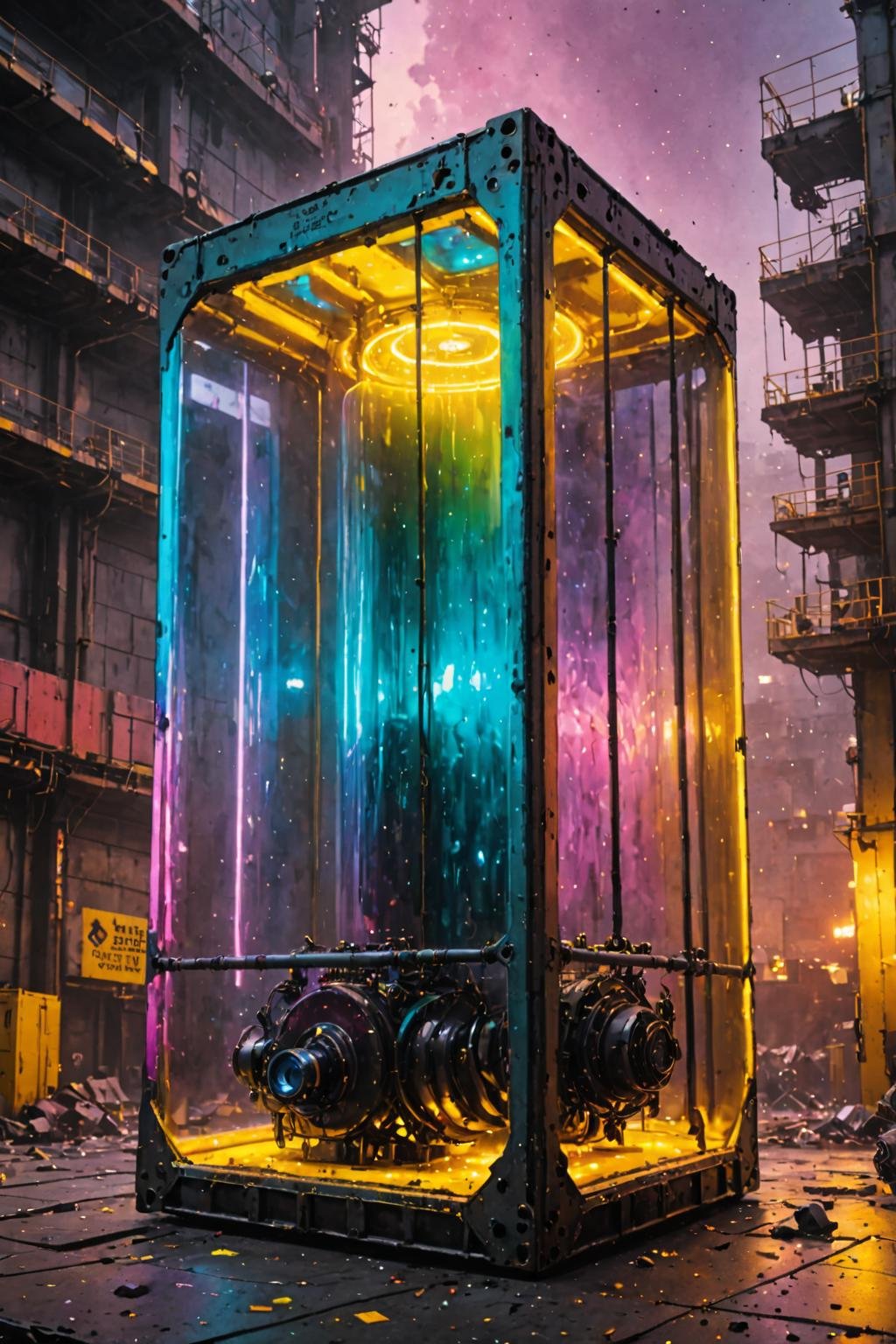 ultra realistic 8k cg, flawless, clean, masterpiece, professional artwork, famous artwork, cinematic lighting, cinematic bloom, (((photo raw)), background), a large rainbow  glass cyberpunk container with a construction yard inside, yellow  smoke  <lora:Contained_Color_SDXL:1> 