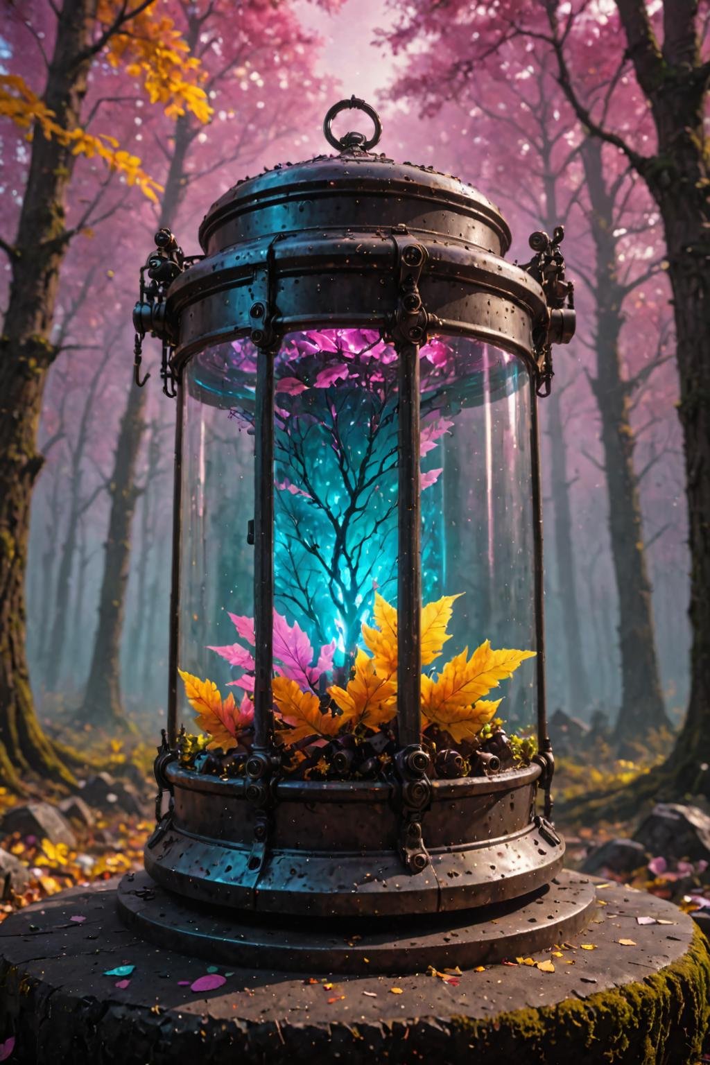 ultra realistic 8k cg, flawless, clean, masterpiece, professional artwork, famous artwork, cinematic lighting, cinematic bloom, (graveyard background), a large retrowave glass steampunk  container with a forest inside, colorful leaves,   <lora:Contained_Color_SDXL:1> from bn vodak 52:Wii rzla:Sigma f/22, ultra realistic full of colour HD, sm
