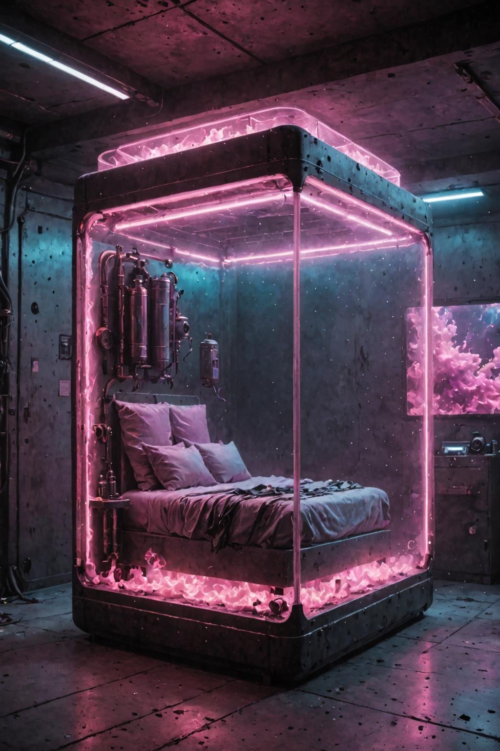 contained color, underwater background, bedroom in a cyberpunk container, colorful smoke,  ( pink  glass) ,<lora:Contained_Color_SDXL:1>
