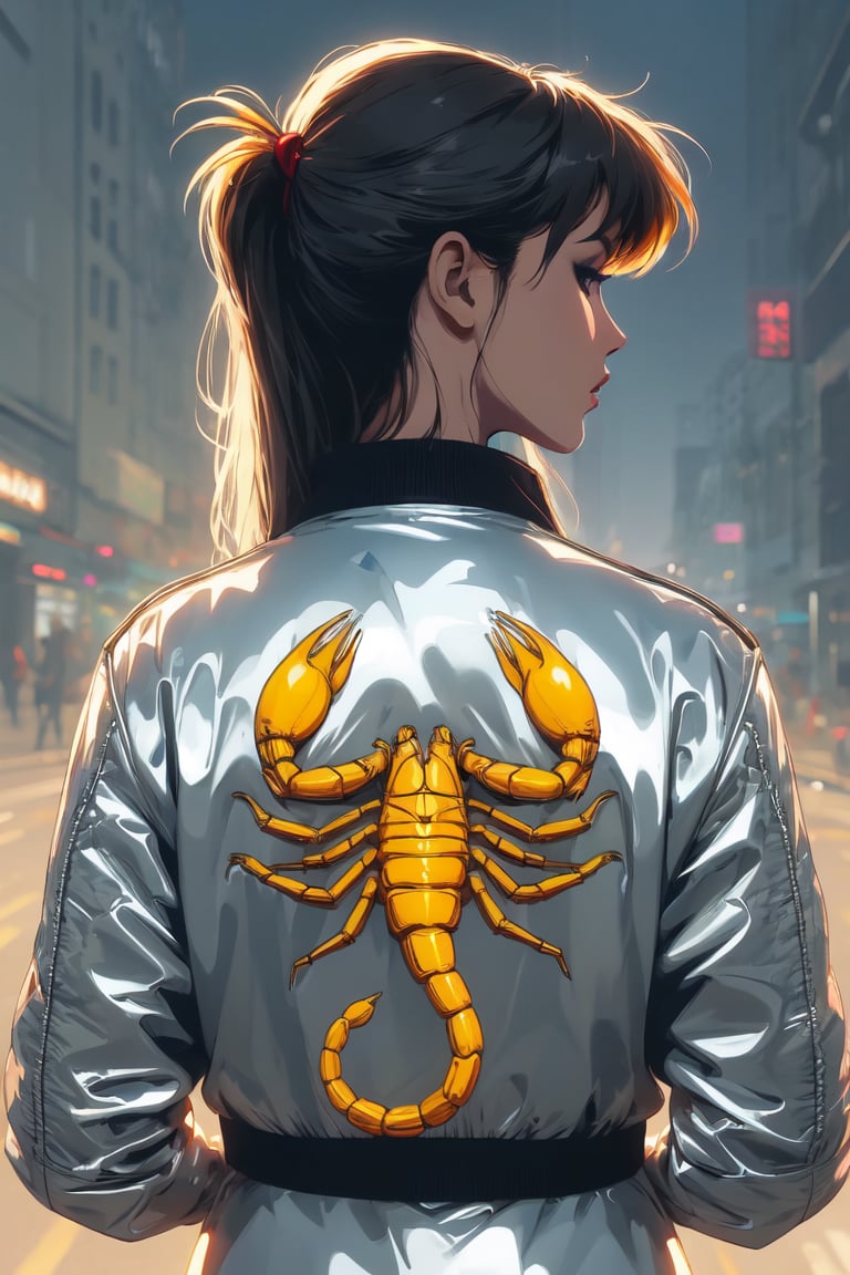 Silver jacket, yellow scorpion printed on the back, back angle, Asuka Langley 