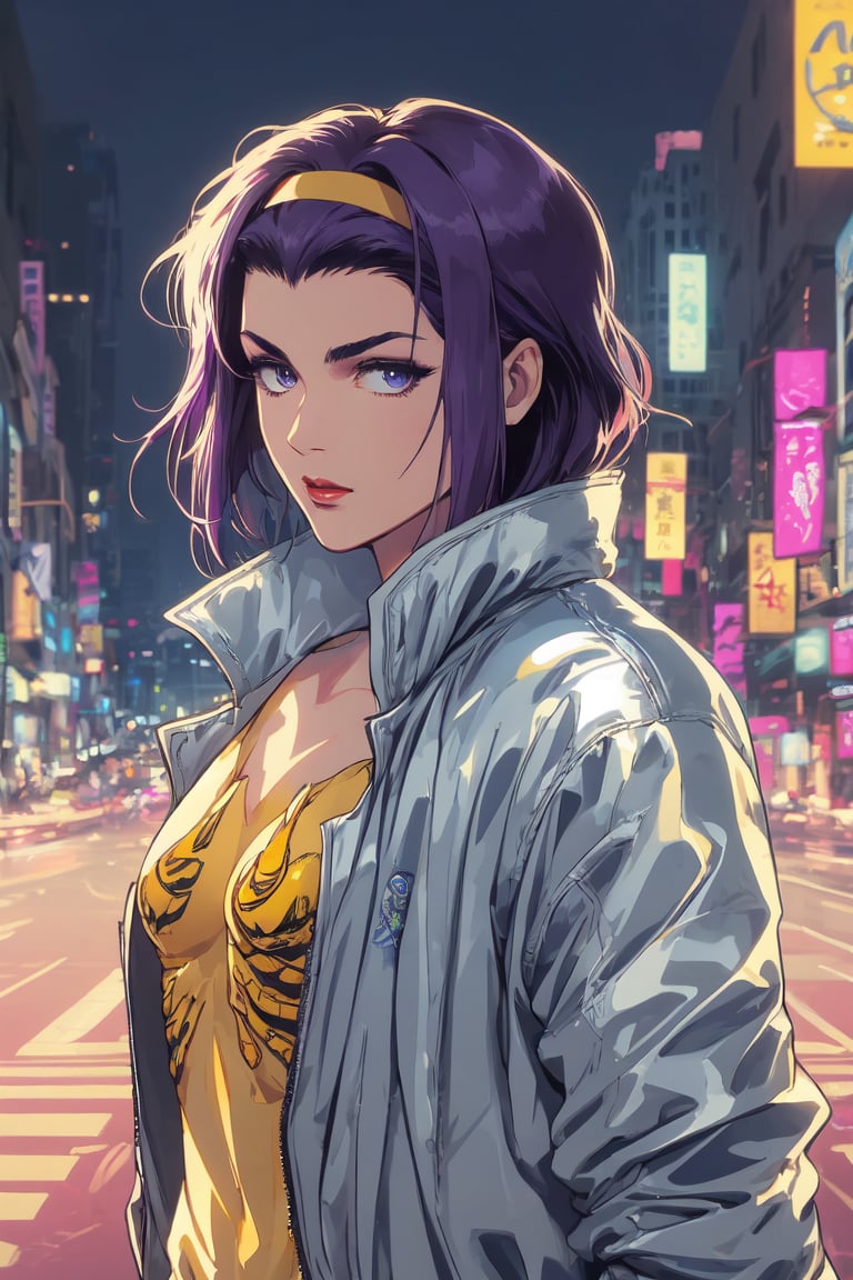 fayevalentine, purple hair, ,yellow hairband,Silver jacket, yellow scorpion printed in the back