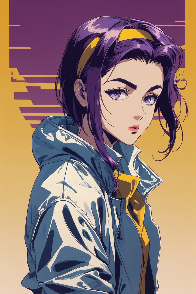 fayevalentine, purple hair, ,yellow hairband,Silver jacket 