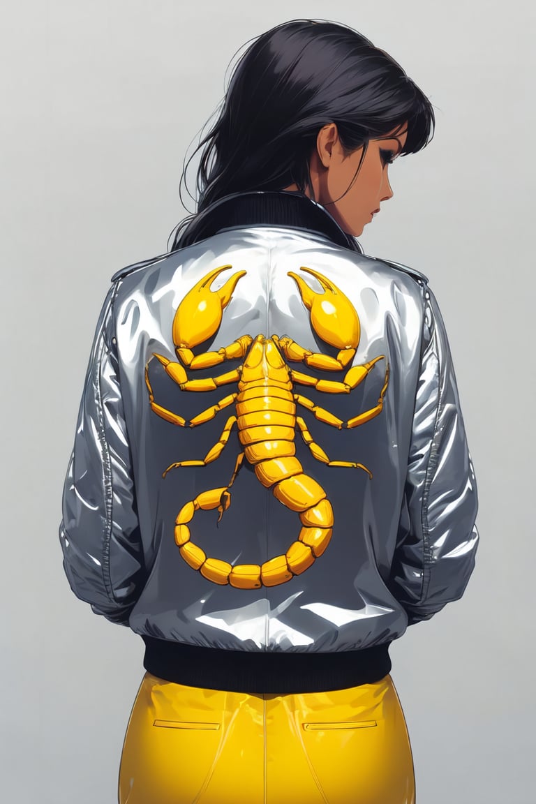 Silver jacket, yellow scorpion printed on the back, back angle, 1girl