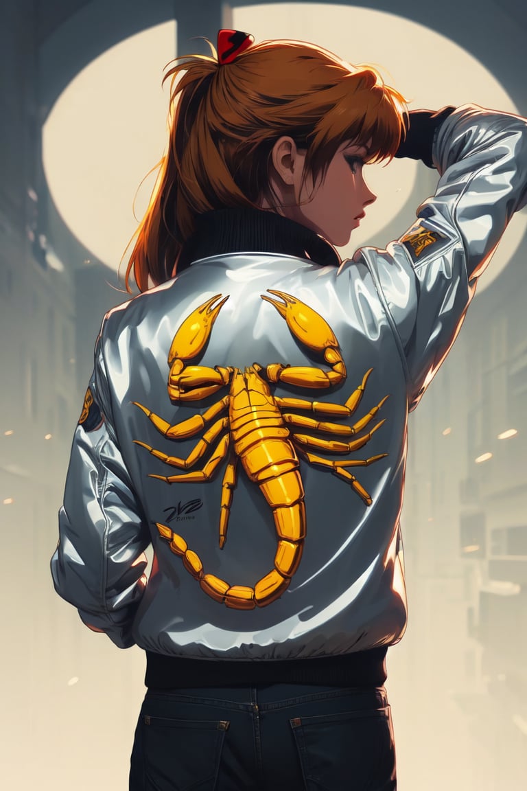 Silver jacket, yellow scorpion printed on the back, back angle, Asuka Langley, orange hair