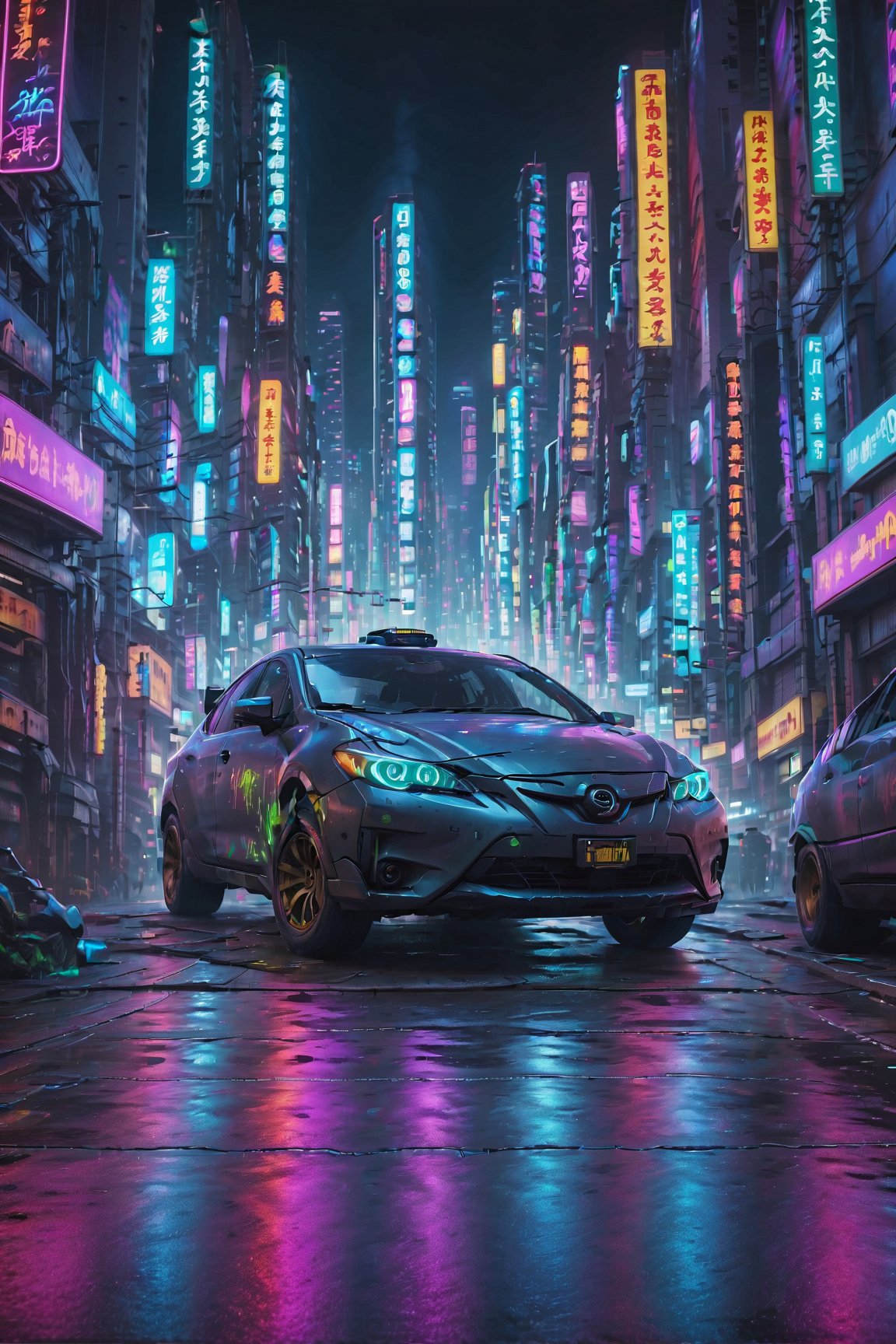 A cuberpunk car,(best quality,4k,8k,highres,masterpiece:1.2),ultra-detailed,(realistic,photorealistic,photo-realistic:1.37),high-tech retrofit,neon lights,glowing screens,steampunk-inspired,mechanical parts,gear-filled engine,bulletproof armor,sleek design,aggressive angles,hovering capability,screeching tires,burning rubber,city skyline in the background,dystopian atmosphere,vivid colors,glitch effects,digital graffiti,electric sparks,harsh light,smoke-filled streets,high-speed chase,city traffic.