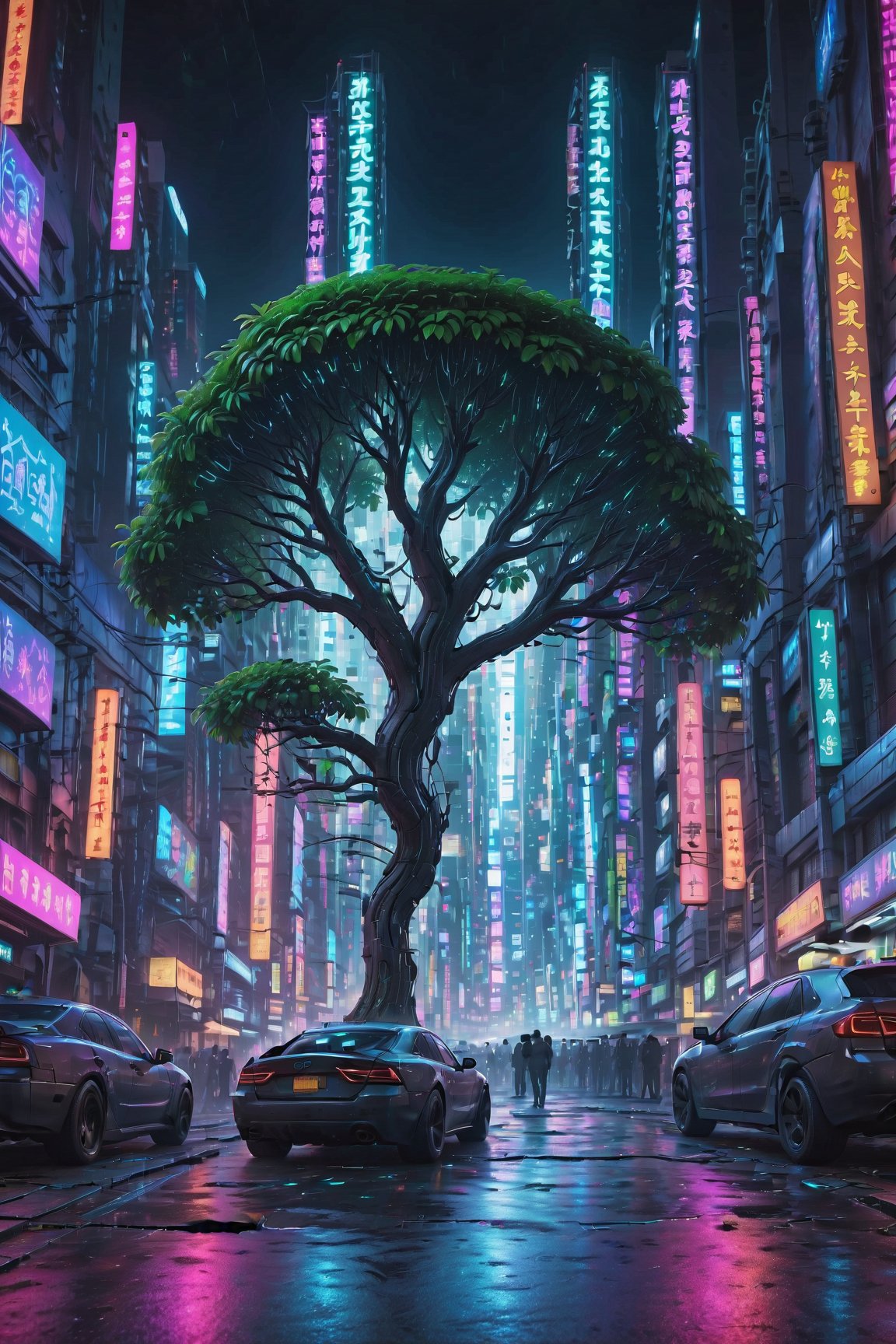 (best quality,4k,8k,highres,masterpiece:1.2),ultra-detailed,(realistic,photorealistic,photo-realistic:1.37),cyberpunk tree,neon lights,giant tree with metallic trunk and glowing branches,glowing leaves,interconnected roots,branch-like cables and wires,hovering drones,urban cityscape background,reflective surfaces,technology-infused atmosphere,glimmering holographic projections,digitalized forest,sci-fi elements,nighttime scene,vibrant colors,dimly-lit buildings,emitting smoke and steam,ethereal glow from the tree,artificial intelligence influence,blinking lights,high-tech energy source,layered and intricate details,metropolis merging with nature,futuristic twist on traditional landscapes,blurred motion of flying vehicles,chasing lights,breath-taking perspective,metallic shards scattered on the ground,science fiction-inspired setting,otherworldly aura,uncanny blend of nature and technology,ensnaring vines with LED patterns,atmospheric pollution,shadowy silhouettes of people in awe,floating augmented reality interfaces,gritty and dystopian vibes