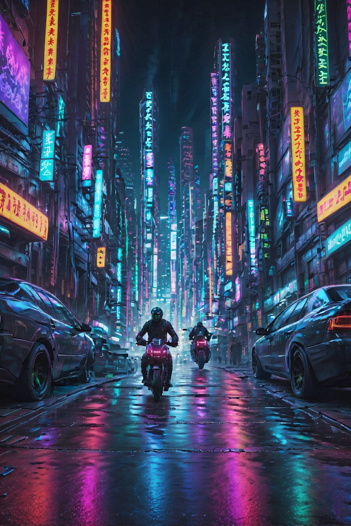 best quality,4k,8k,highres,masterpiece:1.2,ultra-detailed,realistic:1.37,cyberpunk,landscape,neon lights,dystopian city,high-tech bike,futuristic,glowing,chrome finish,sleek design,nighttime,urban environment,fast-moving,blurry lights,reflection,street racing,shadows,flyover bridge,graffiti art,retrofuturistic,sci-fi elements,dark alleyway,dangerous vibe,exciting atmosphere,exhaust fumes,adrenaline rush,heavy traffic,advanced technology,hovering,electric power,energy beams,cityscape,aurora borealis effect,shimmering colors,breath-taking,immersive experience