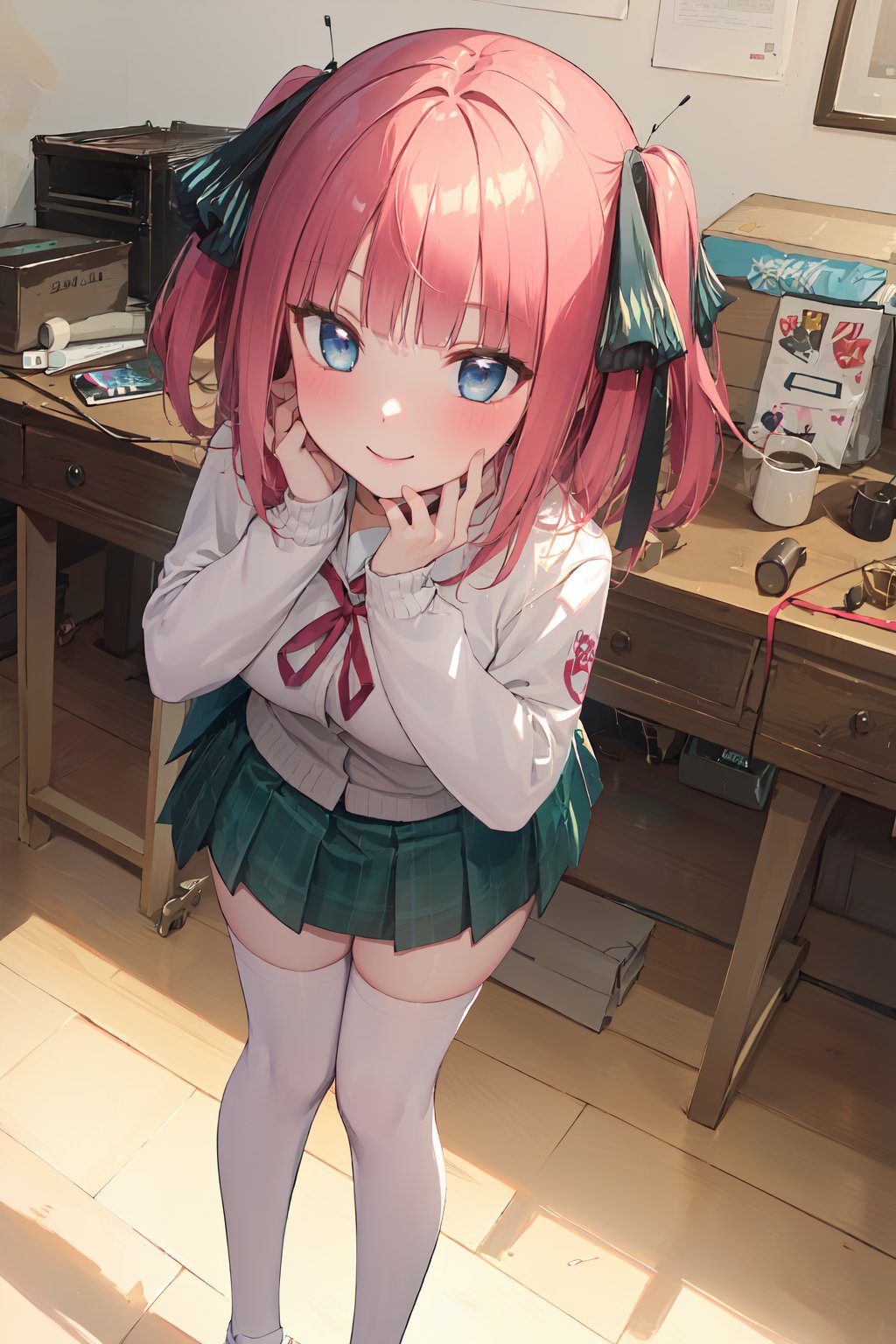 1girl,solo,masterpiece,pink hair,blue eyes,short hair,nakano nino,curvy,absurdres,green skirt,hair ribbon,white long socks,white shirt,smile,medium breasts,blunt bangs,arms out of frame,school uniform,open cardigan,open clothes,thighhighs,white thighhighs