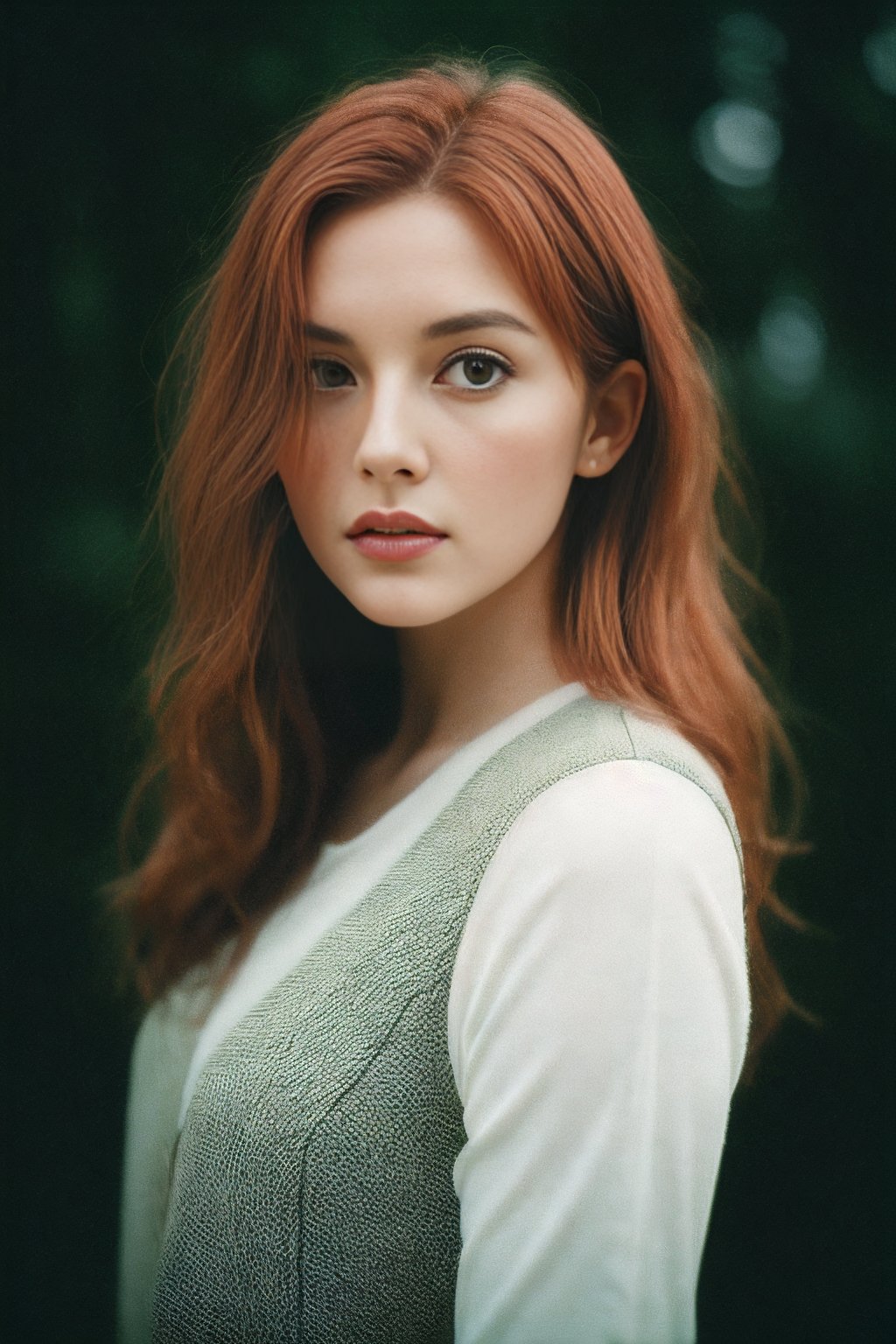 1woman,in the dark, film grain, award winning photo, (green tint:0.5), looking to the side, redhead