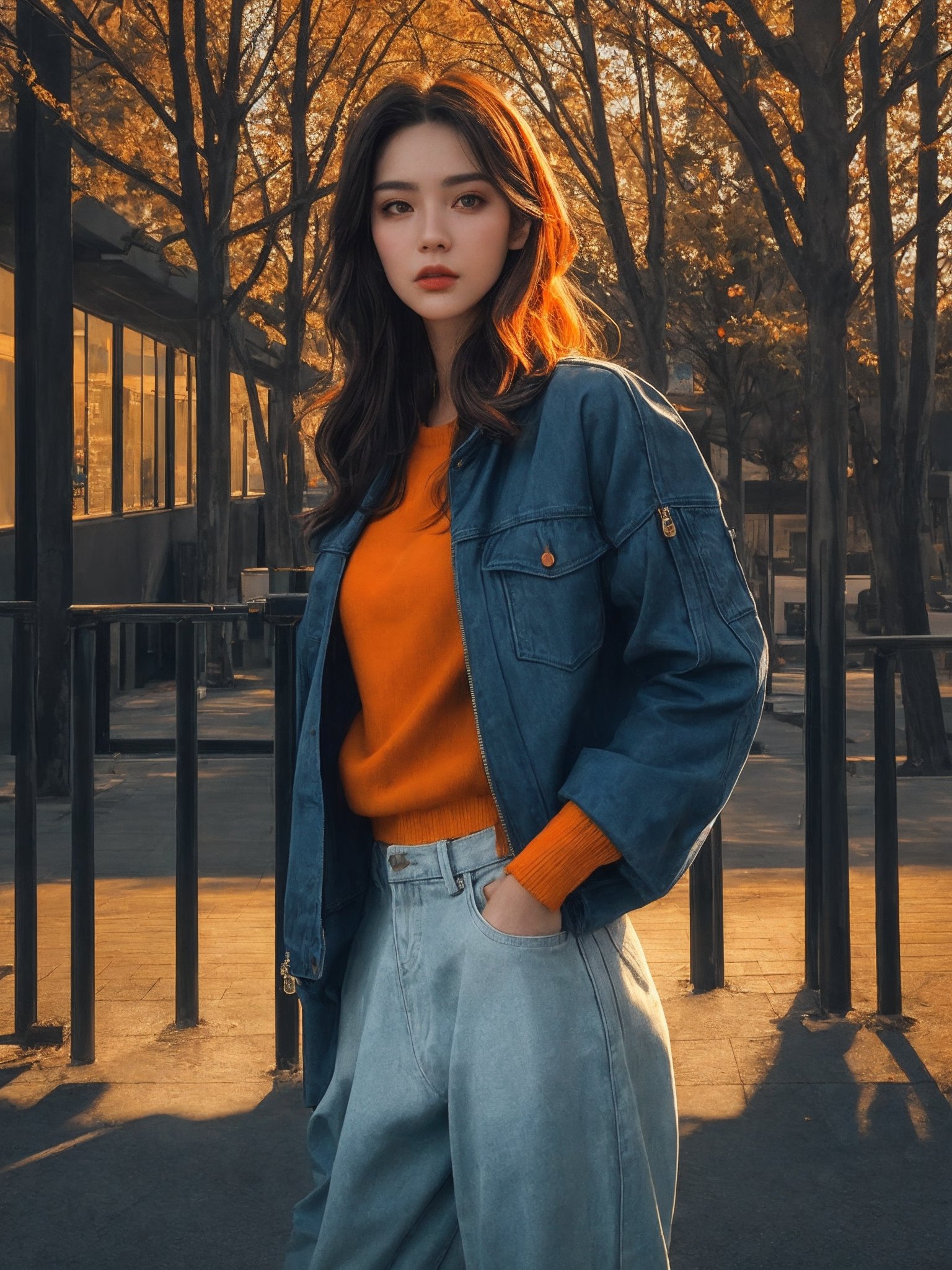 (RAW photo, best quality), (realistic, photo-realistic:1.30),style of Alessio Albi,1girl, solo,Ultra wide angle,detailed eyes,hair decoration,trendy expression,jacket,top,pants,(style:1.5),outdoors,mall,clothes,detailed background,(blue and orange tone impression:1.3), soft lighting,gorgeous light and shadow ,stunning environment, hyperdetailed, (aestheticism), ethereal, golden hour,