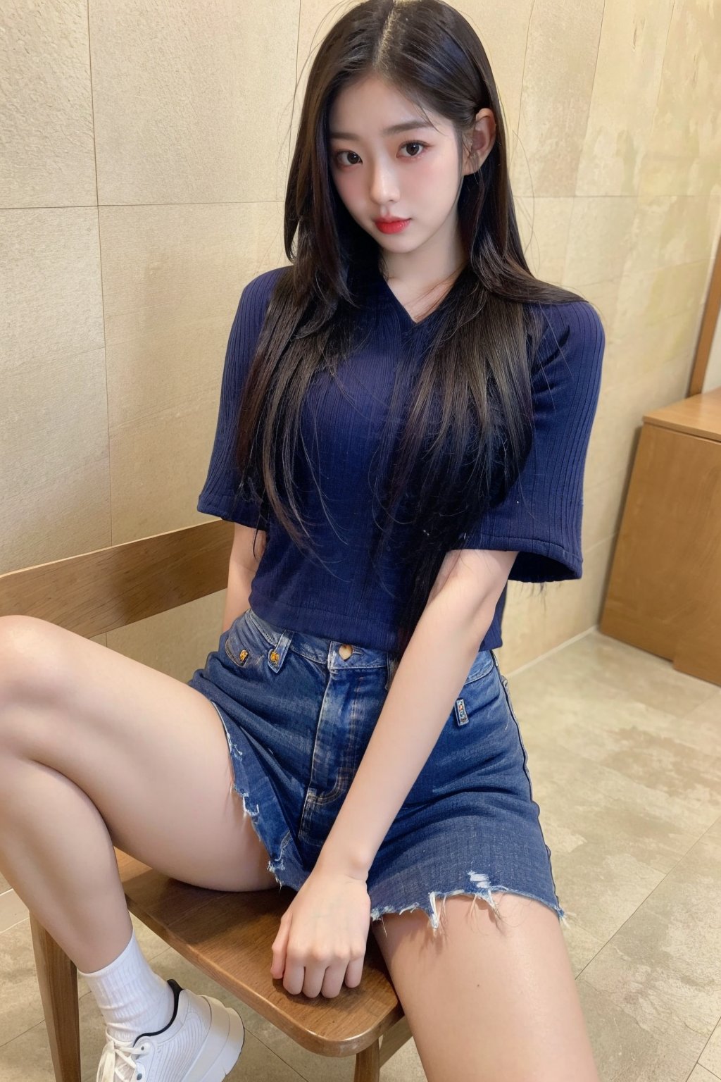 1girl, denim skirt, sitting in table, spread legs