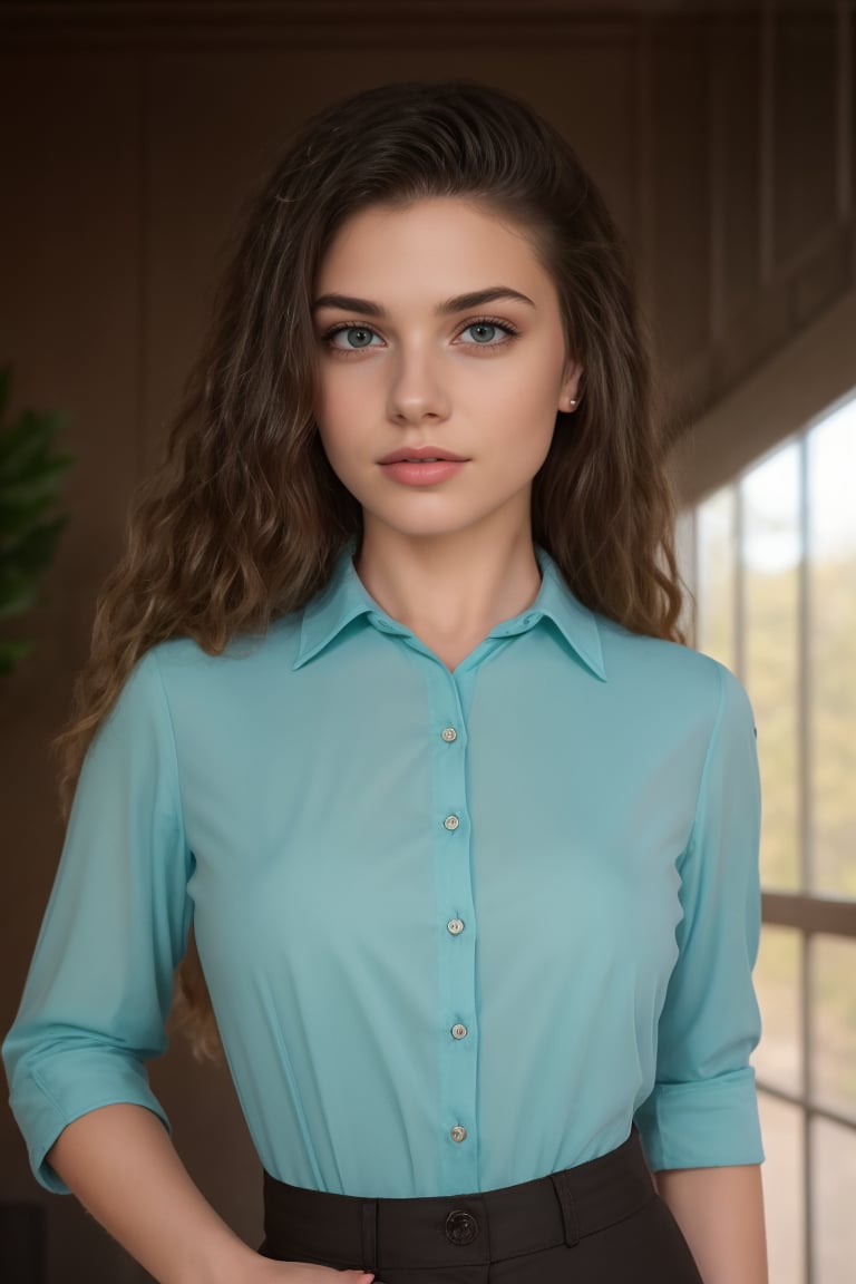 a young woman,  collared_blouse,  Portrait,  cute,  indoors,  realistic fancy clothes,  intricate background , Realism,  close_up, ,SkpFace