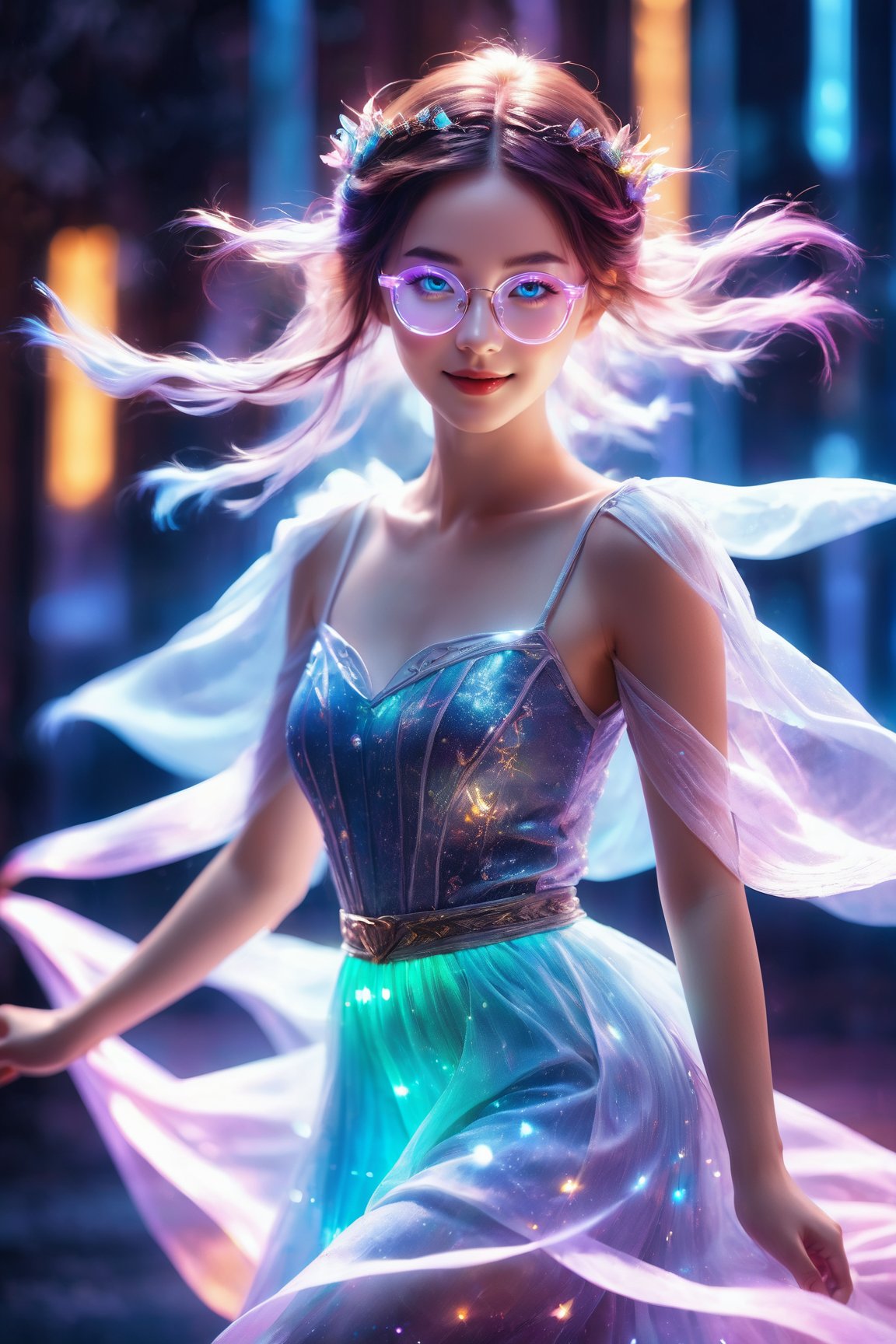 Translucent glowing body, glowing, elf model, 1 girl, snow-white skin, black neon lights, long exposure, motion blur, 1 girl (bright atmosphere, charming light, bright lighting, agile glasses, smile, glasses, ethereal atmosphere, mesmerizing light, unforgettable tones, charming colors, dramatic lighting, charming halo, gradient skirt),
