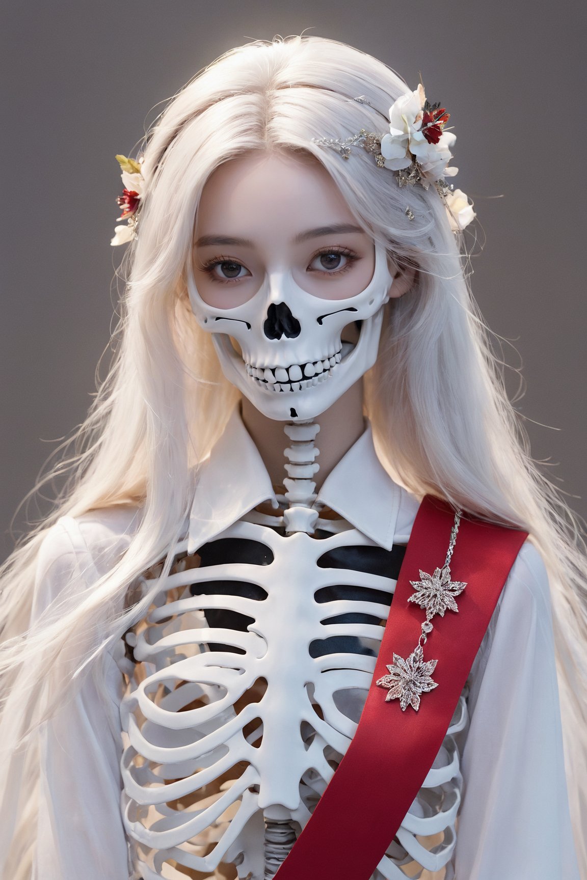 Masterpiece,high quality,(solo:1.2),((1girl)),(((human skeleton | girl))),,(white hair:0.3)
