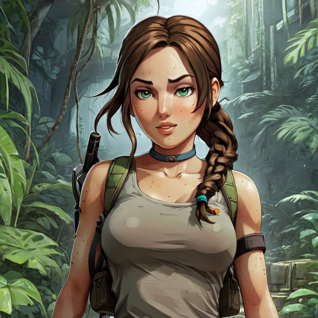 cutepet, 1girl, lara croft, masterpiece, best quality, anti-aliasing, limited palette, super resolution, rich colors, anime coloring