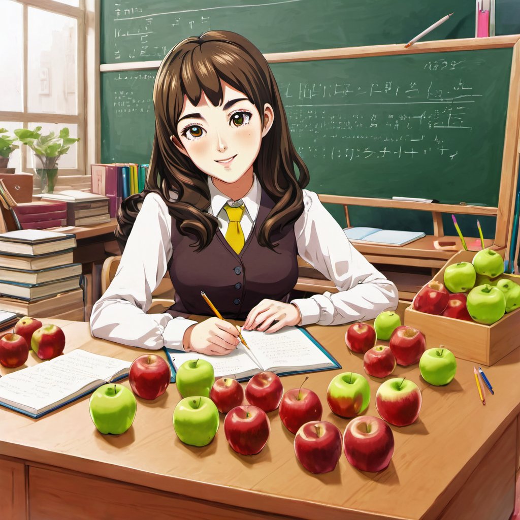 cutepet, 1girl, gorgeous teacher with a desk full of apples, masterpiece, best quality, anti-aliasing, limited palette, super resolution, rich colors, anime coloring