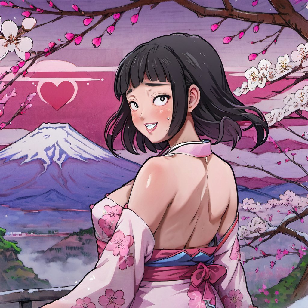 cutepet, 1girl, black hair, long hair, blush, open mouth, sweat, smile, blunt bangs, looking back, mountain, from behind, looking at viewer,  tree, :d, outdoors, black eyes, mount fuji, teeth, heart,  cherry blossoms, snow, flower, masterpiece, best quality, anti-aliasing, limited palette, super resolution, rich colors, sfw, kimono