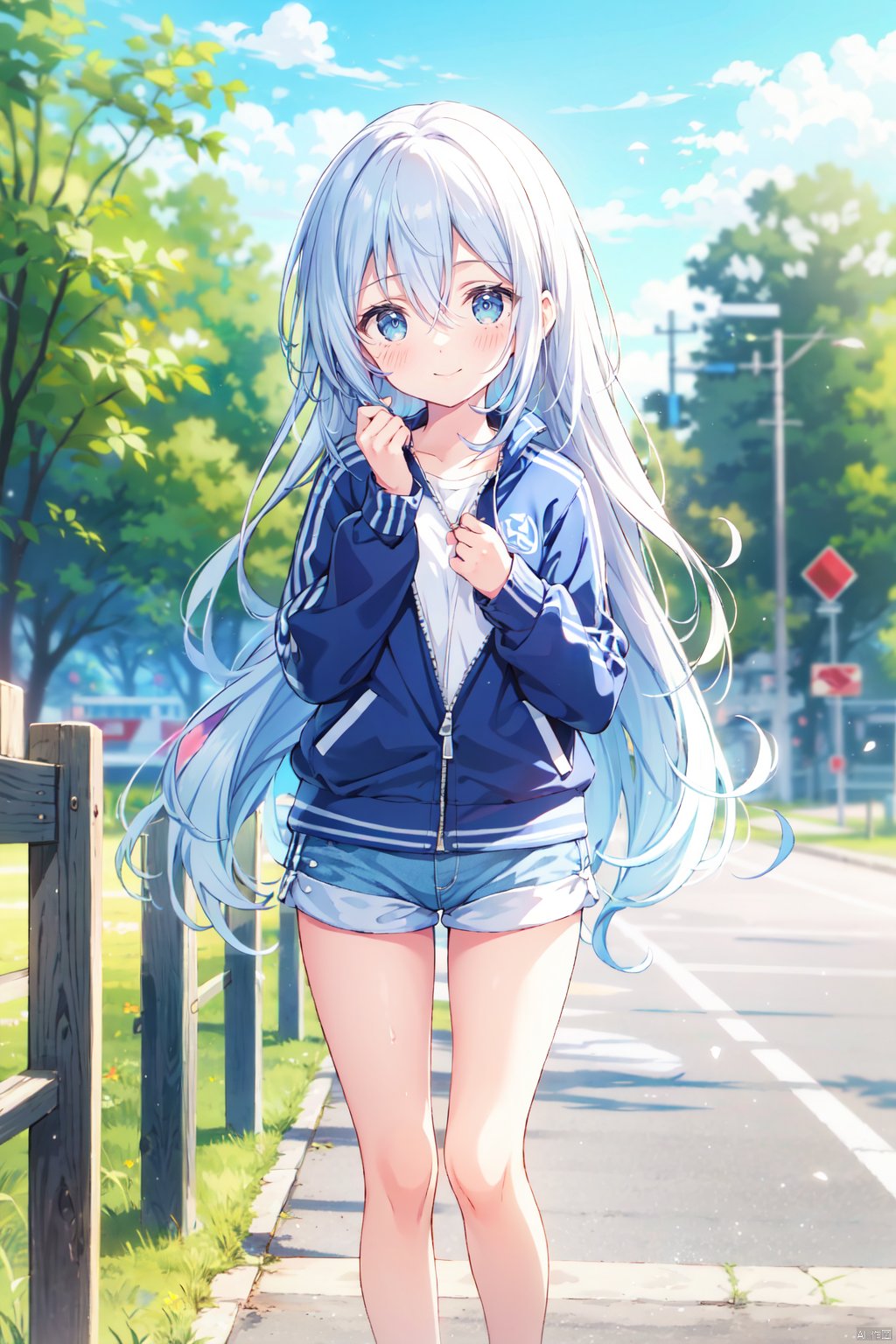  1girl, solo, long hair, looking at viewer, hair, blurry, blurry background, blush, bangs, depth of field,cuteloli,solo,long hair,blue eyes,shirt,hair between eyes,very long hair,blue hair,standing,jacket,,shorts,short shorts,,blue jacket,track jacket,chibi, kanade