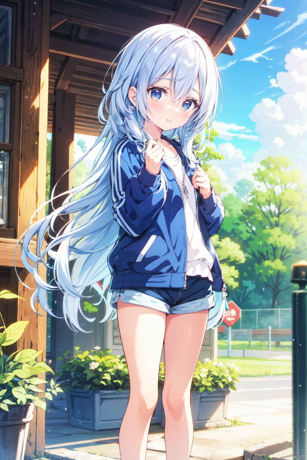  1girl, solo, long hair, looking at viewer, hair, blurry, blurry background, blush, bangs, depth of field,cuteloli,solo,long hair,blue eyes,shirt,hair between eyes,very long hair,blue hair,standing,jacket,,shorts,short shorts,,blue jacket,track jacket,chibi, kanade