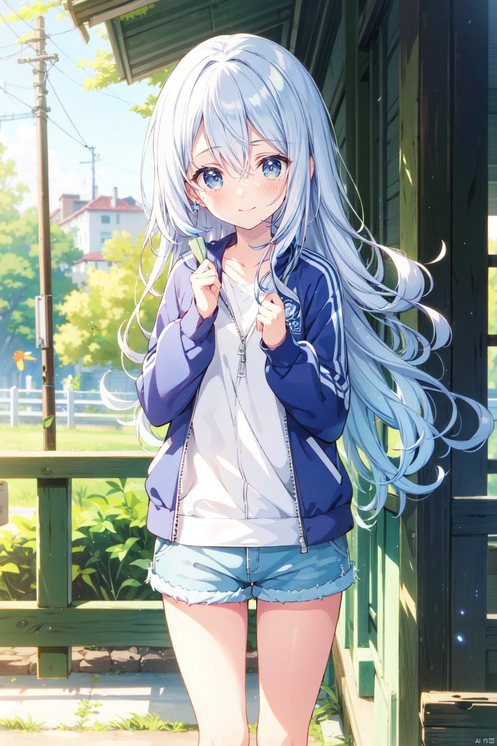 1girl, solo, long hair, looking at viewer, hair, blurry, blurry background, blush, bangs, depth of field,cuteloli,solo,long hair,blue eyes,shirt,hair between eyes,very long hair,blue hair,standing,jacket,,shorts,short shorts,,blue jacket,track jacket,chibi, kanade