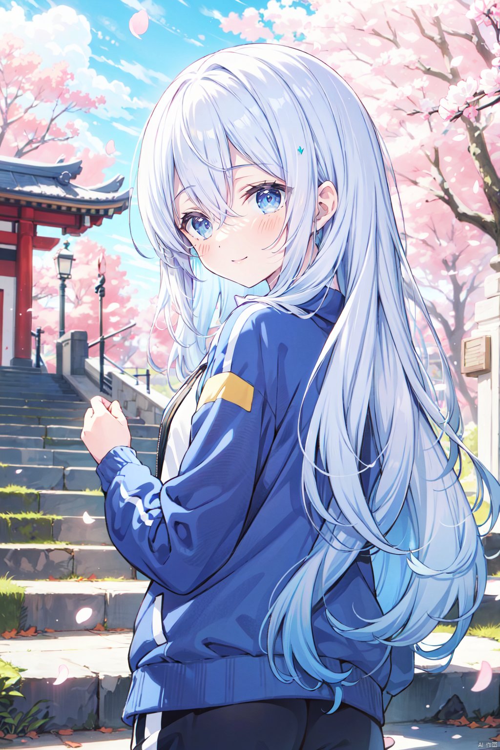  masterpiece,best quality,1girl,yellow eyes,Beautiful face,delicate eyes,smile,long hair,white hair,tree,stairs,standing,sky,cherry blossoms,temple,looking at viewer,upper body,from below,looking back,((Mecha)),young girl,Cyberpunk,CyberMechaGirl, 1girl, solo, long hair, looking at viewer, hair, blurry, blurry background, blush, bangs, depth of field,cuteloli,solo,long hair,blue eyes,shirt,hair between eyes,very long hair,blue hair,standing,jacket,,shorts,short shorts,,blue jacket,track jacket,chibi, kanade