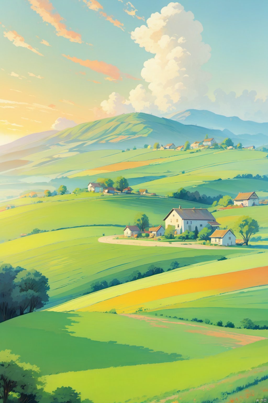 乡村, An idyllic countryside vista with undulating hills and quaint farmhouses,  in the style of poster art,  hyper-detailed,  richly colored skies,  colorful,  Oil painting,  cozy animation scenes, illustration,<lora:EMS-261620-EMS:1.000000>