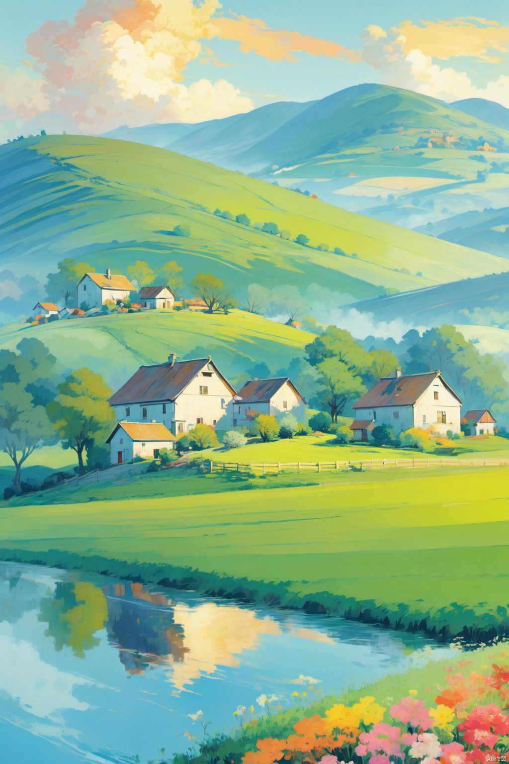 乡村, The idyllic rural scenery,  undulating hills and quaint farmhouses,  poster art style,  ultra detailed,  colorful sky,  flowers,  water,  oil paintings,  comfortable animated scenes,  illustrations,<lora:EMS-261620-EMS:1.000000>